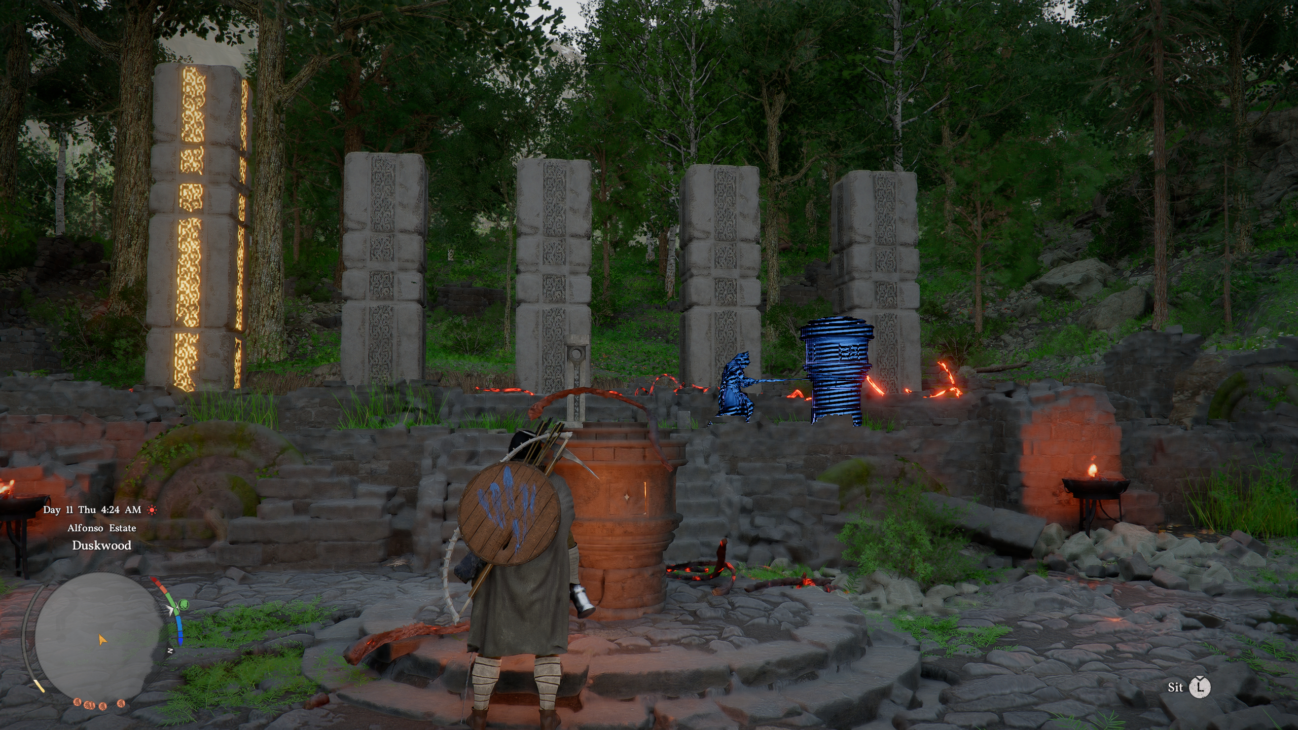 Crimson Desert Duskwood puzzle: Kliff standing in the Duskwood Hill Ruins in the forest, looking at various pillars and a turnstile, with one pillar glowing yellow.