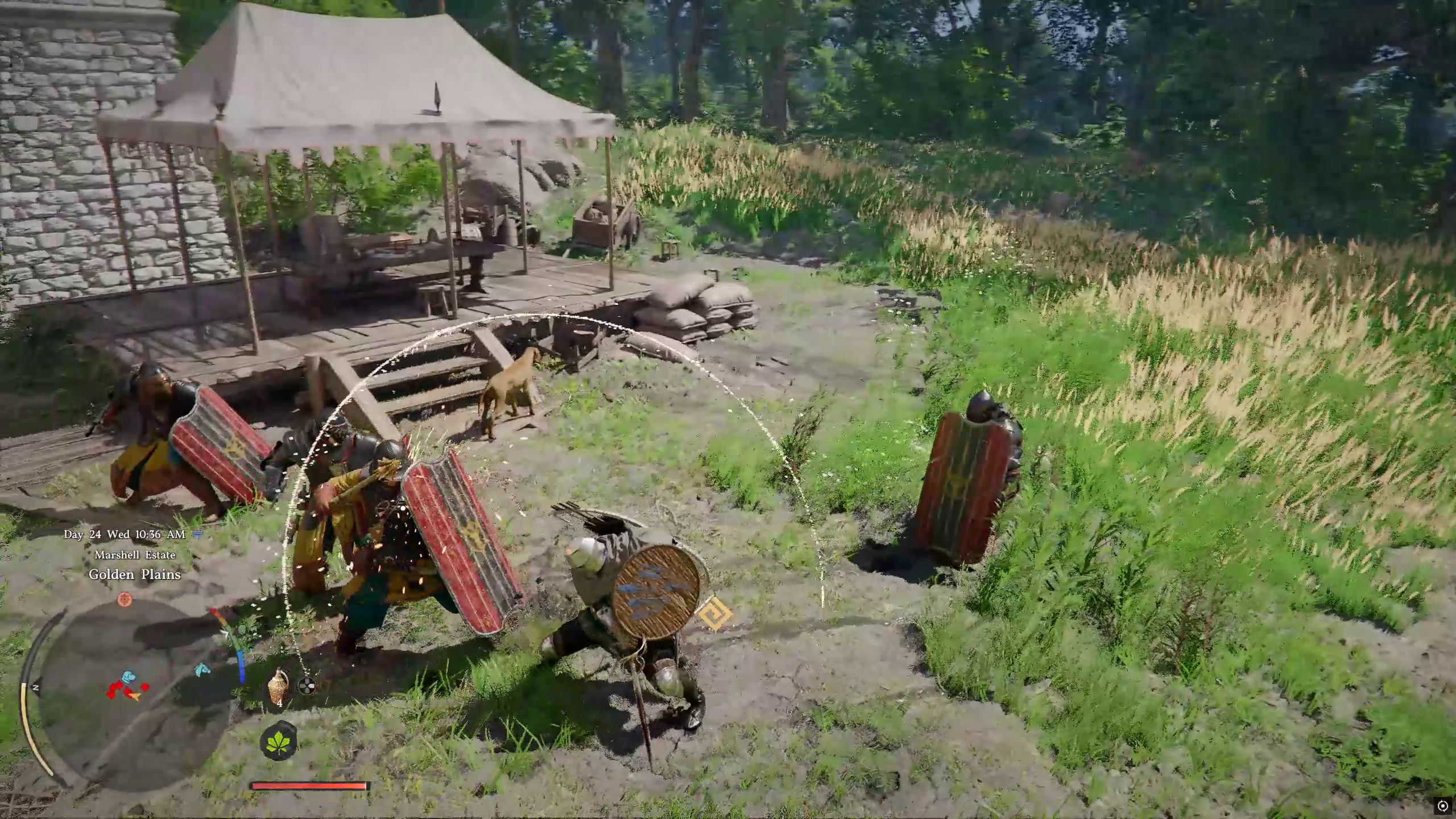 Kliff doing a swinging arc attack against a shielded enemy.