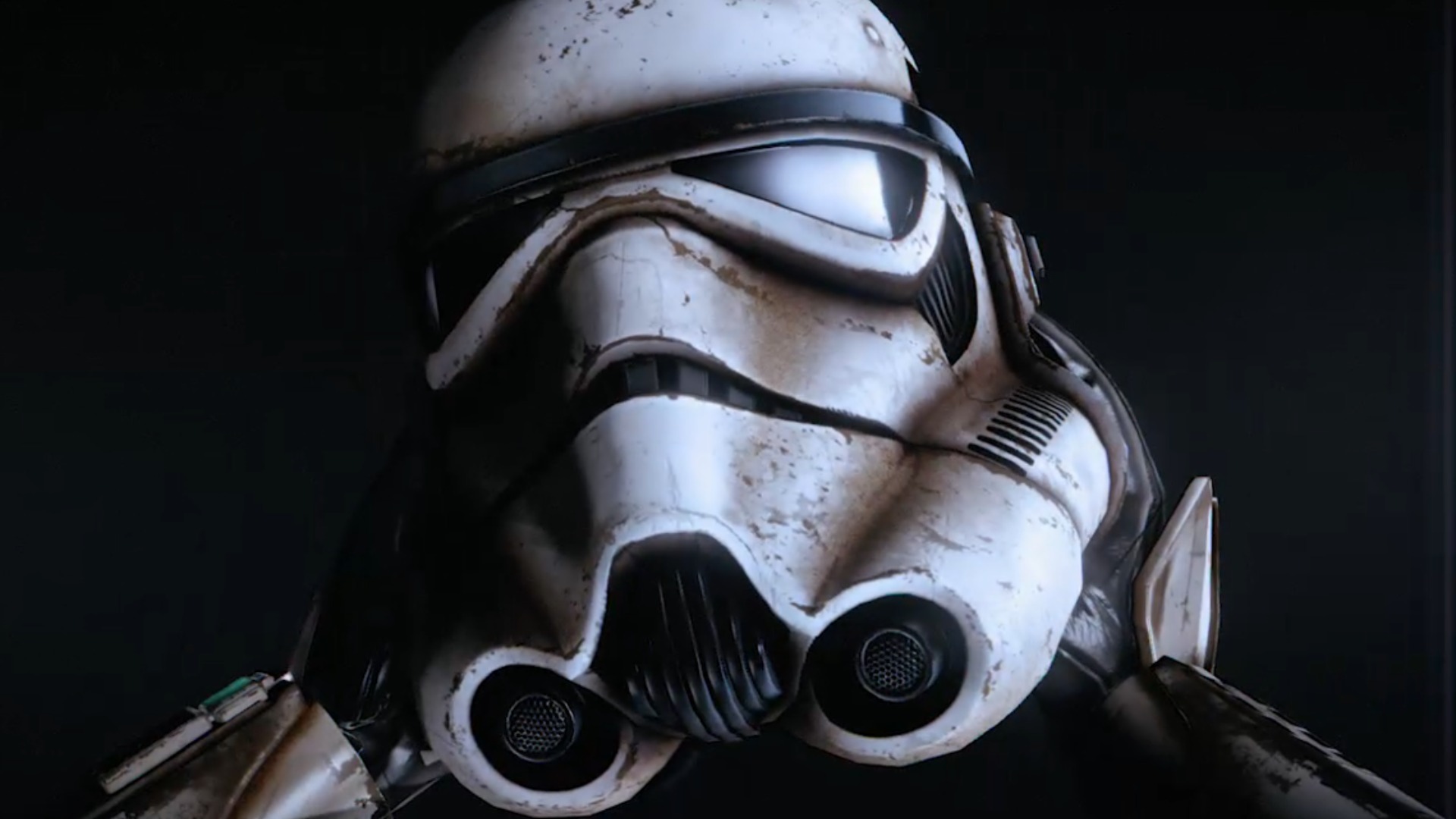 A first person view of a stormtrooper holding a helmet in both hands