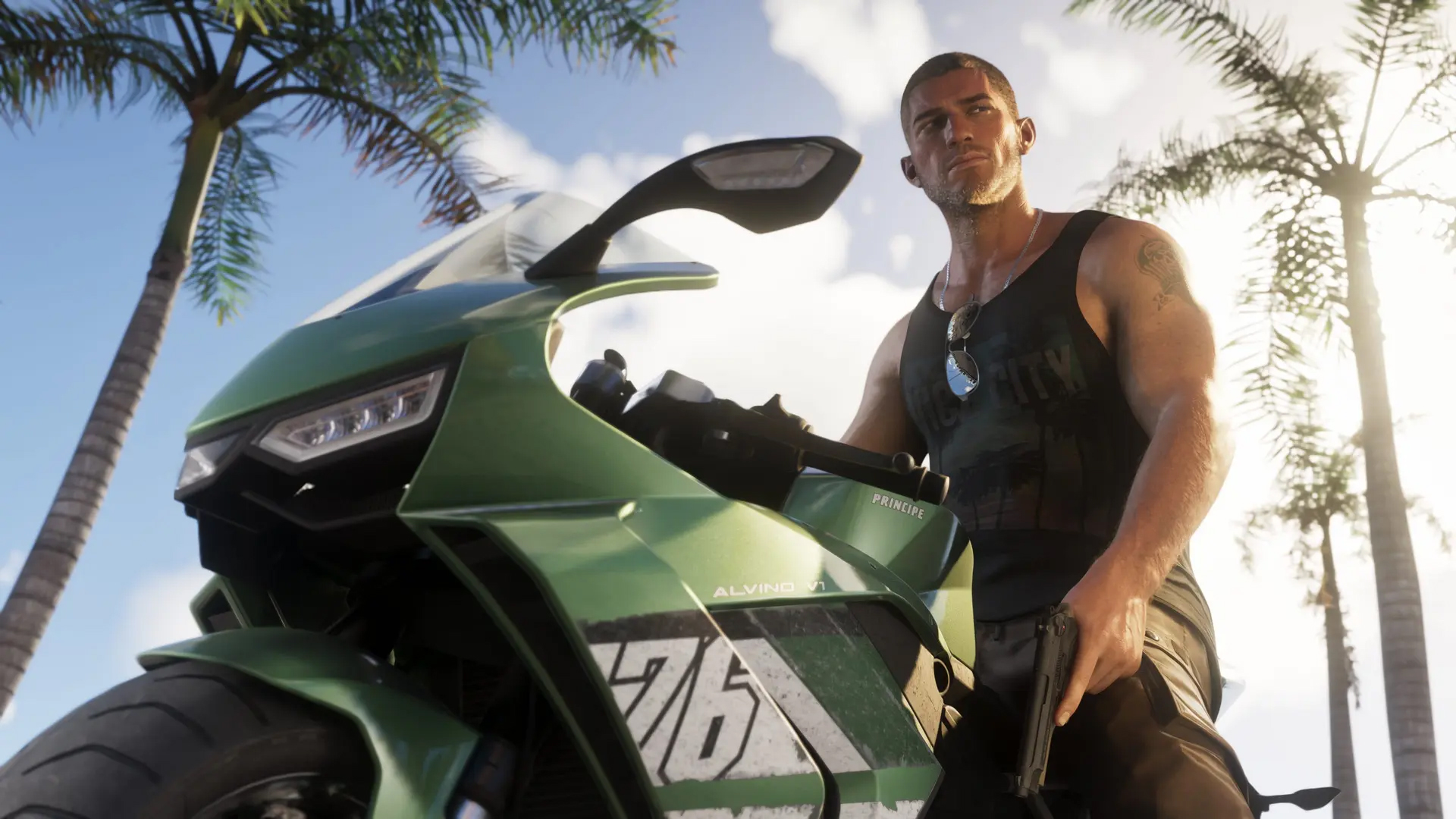 Jason from GTA6 on a motorcycle with a gun