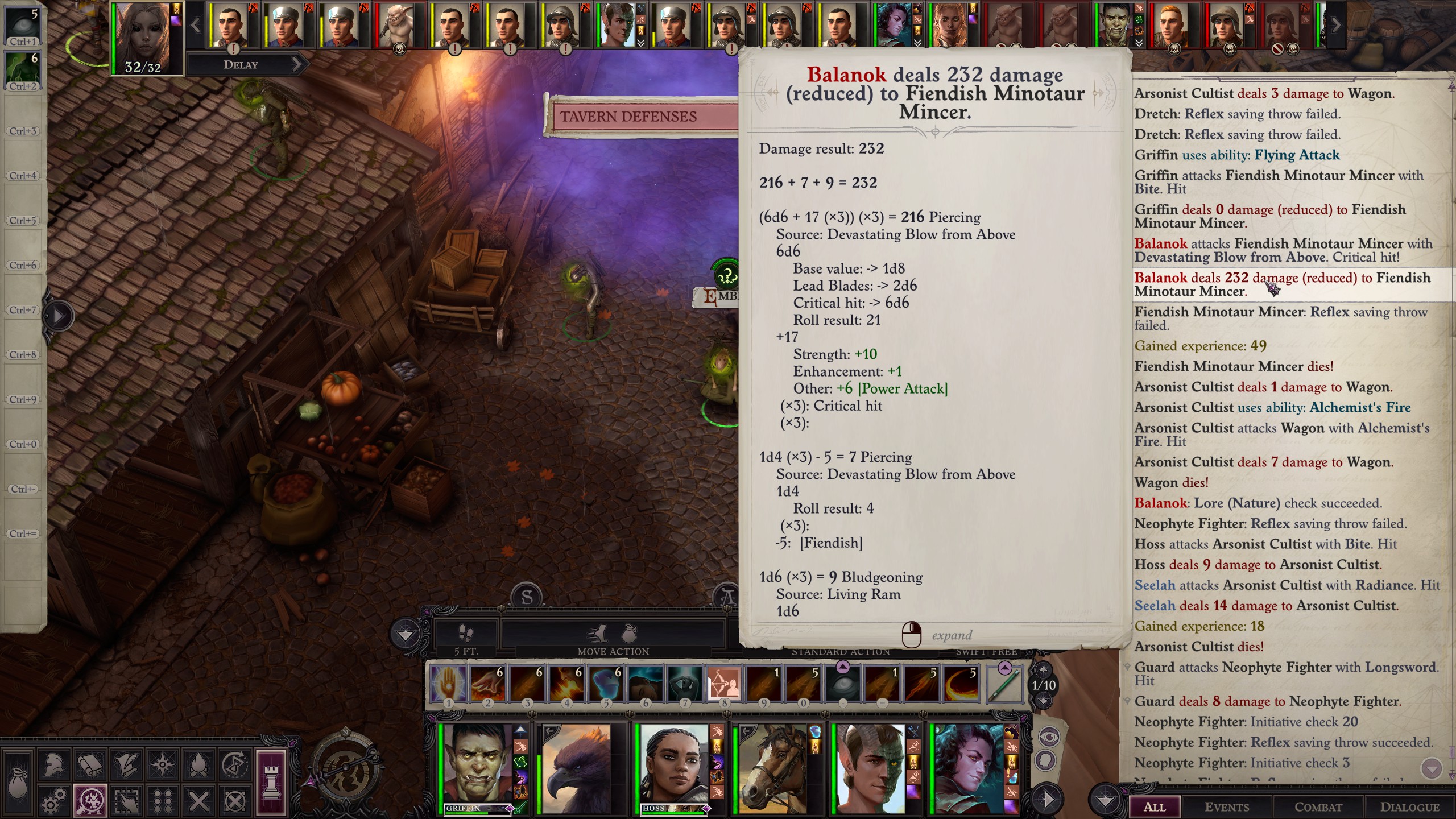 Pathfinder WotR screenshot showing battle with expanded activity log that includes a 232 damage critical hit against an early boss enemy.