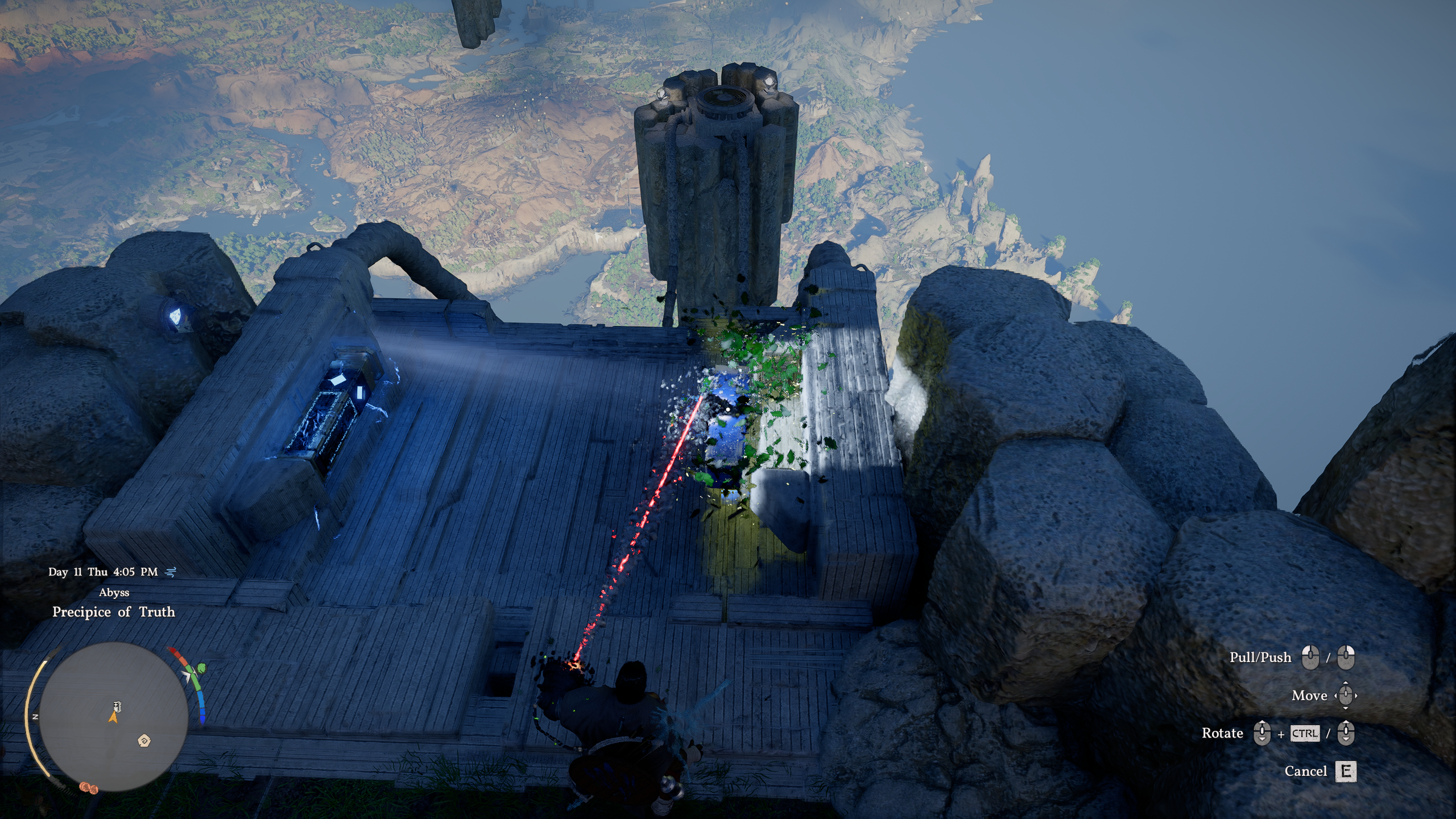 Crimson Desert Precipice of Truth: Kliff using Axiom Force to place a battery crystal in a socket.