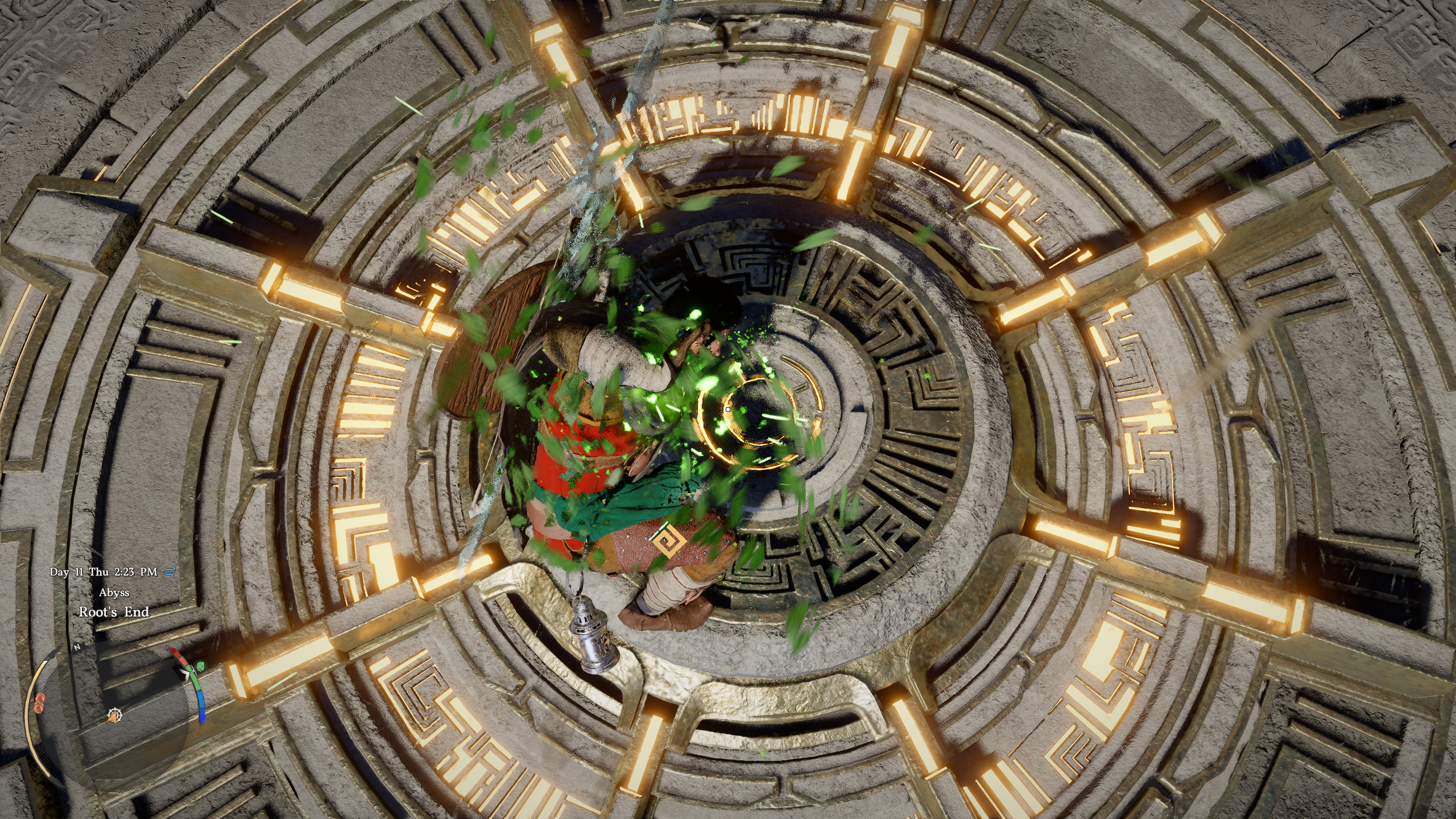 Crimson Desert Root's End: Kliff using Force Palm to activate a pressure pad on the ground.