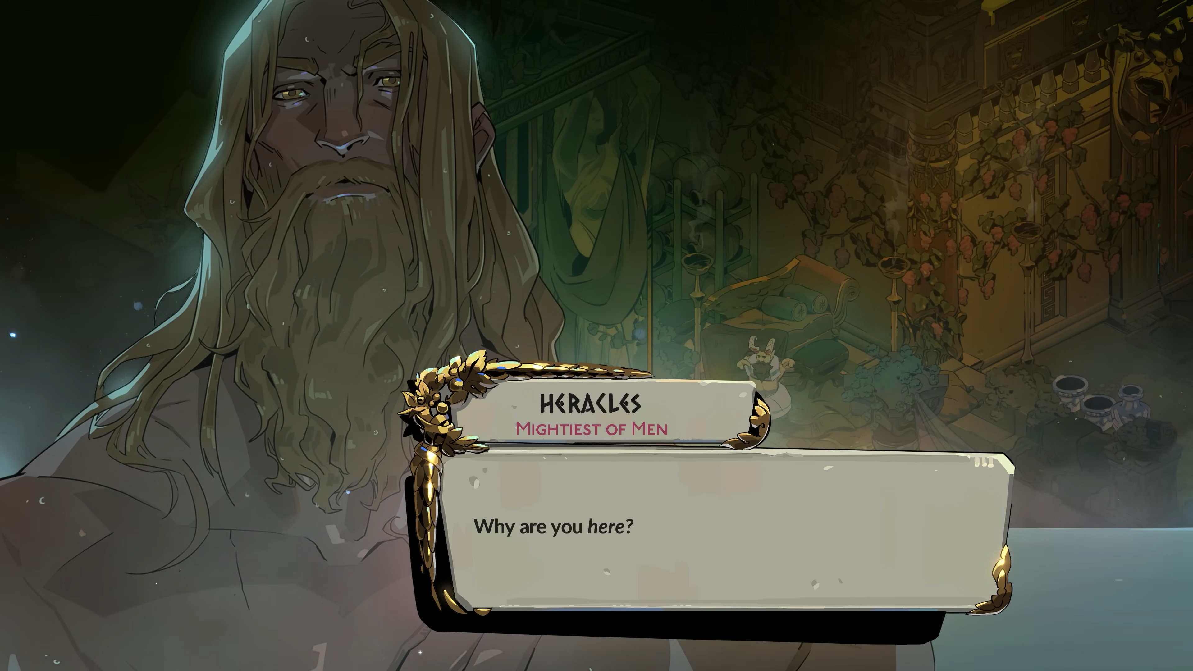 A screenshot of Hades 2 character Heracles in a hot springs dialogue scene. The blonde man's long hair is damp and draped over his broad shoulders as he asks, "Why are you here?"