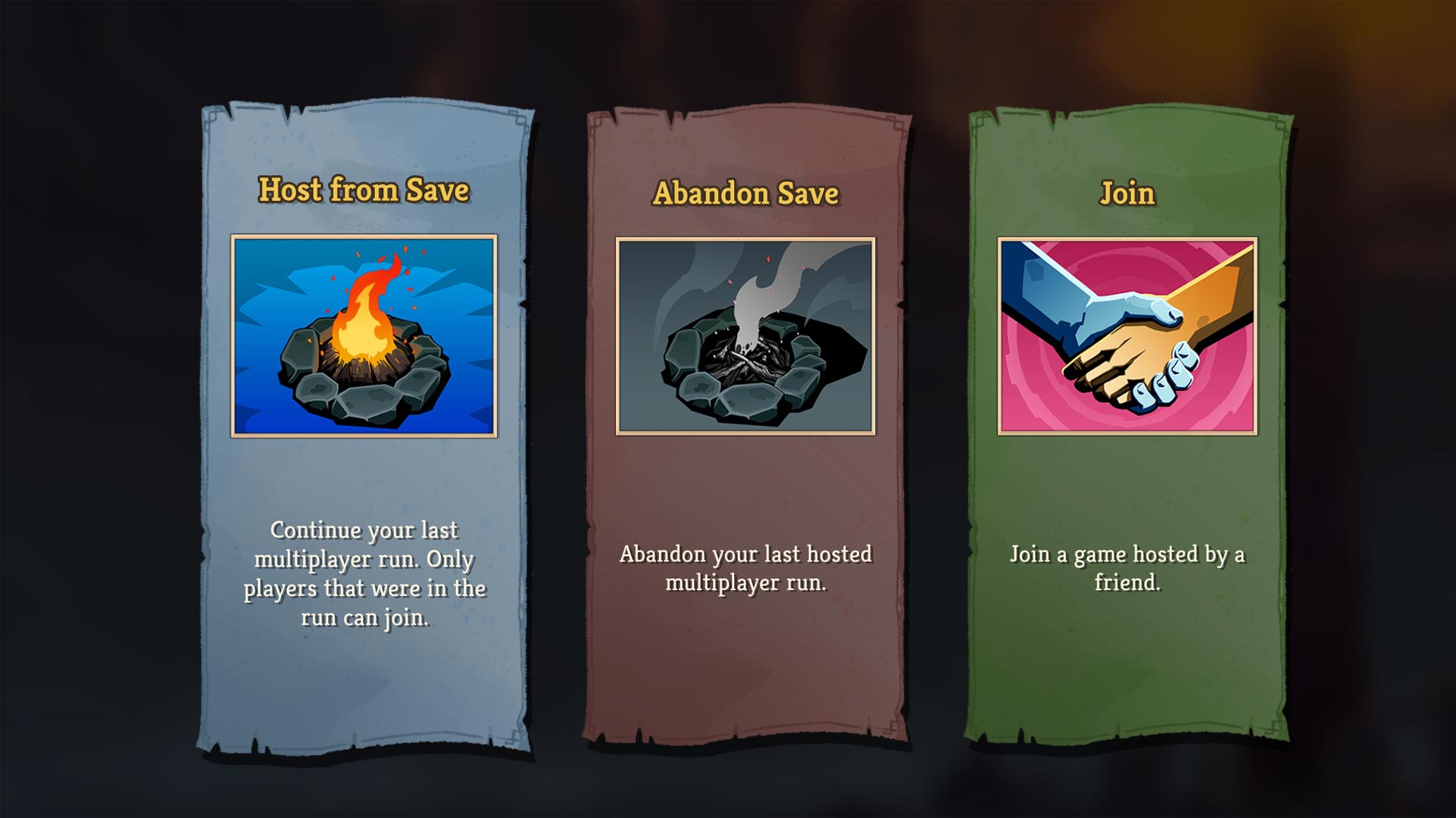 Slay the Spire 2 multiplayer screen for starting a new save, abandoning a save, or joining another player