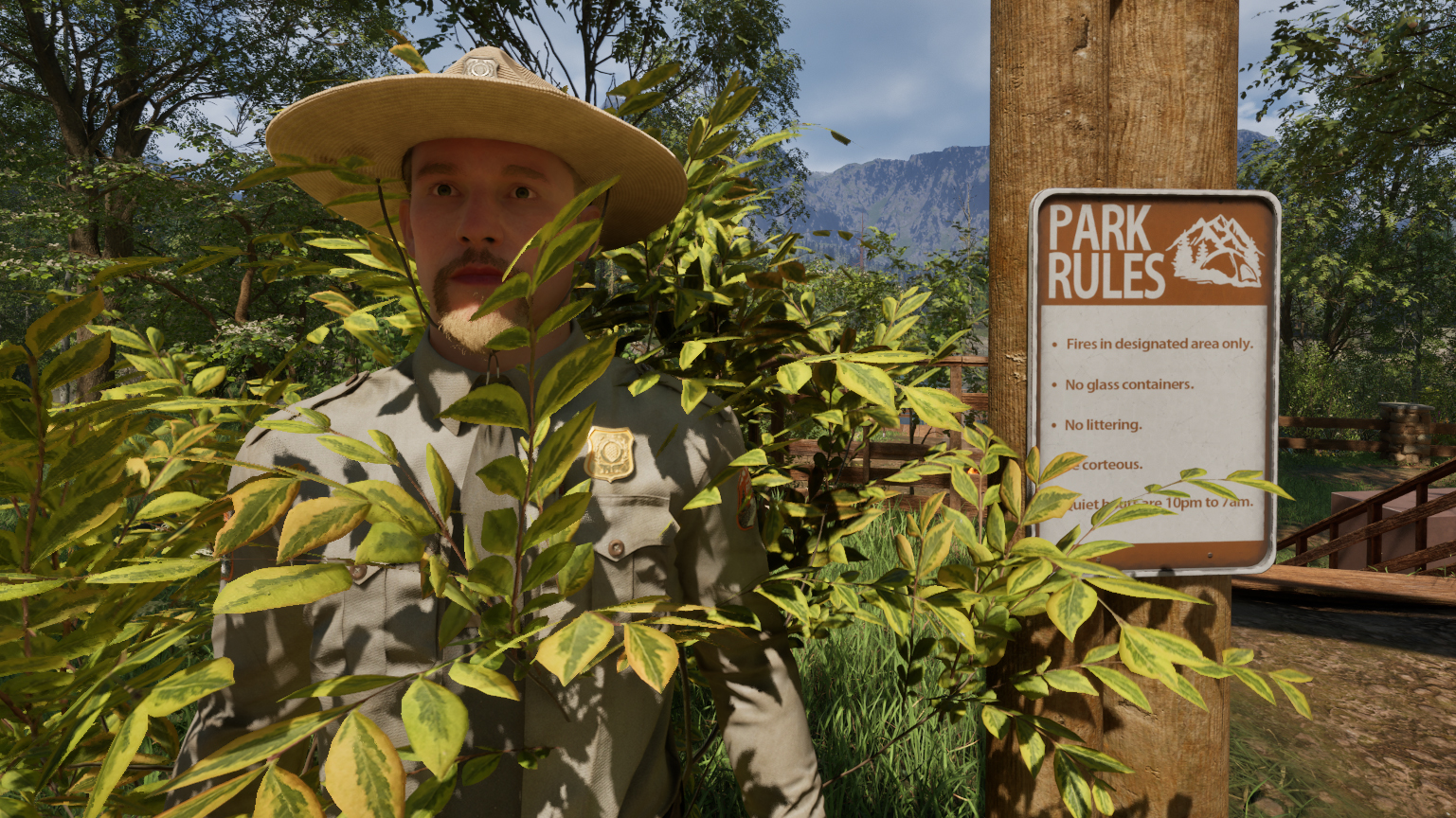 A park ranger hiding in a bush next to a park rules sign