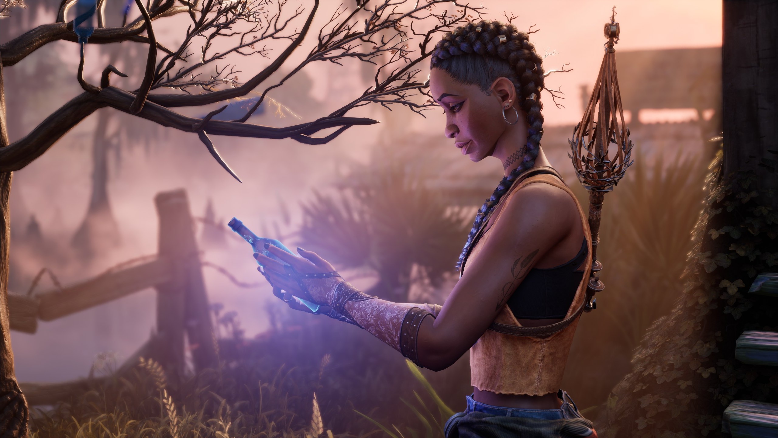 South of Midnight's Hazel Flood as she looks at one of the blue bottles she removed from an old man's bottle tree.