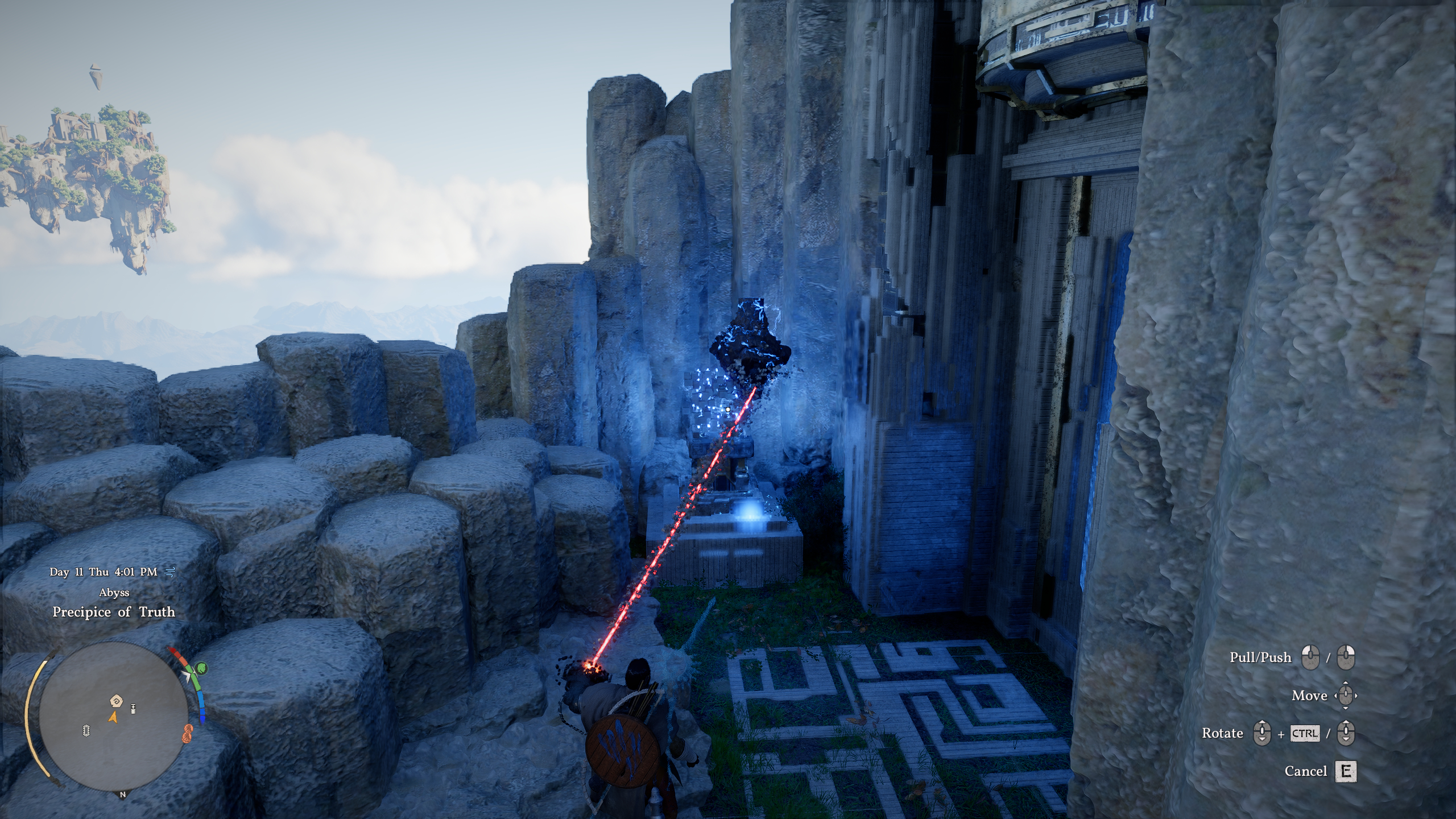 Crimson Desert Precipice of Truth: Kliff using Axiom Force to move a rock to the correct position next to a cube.