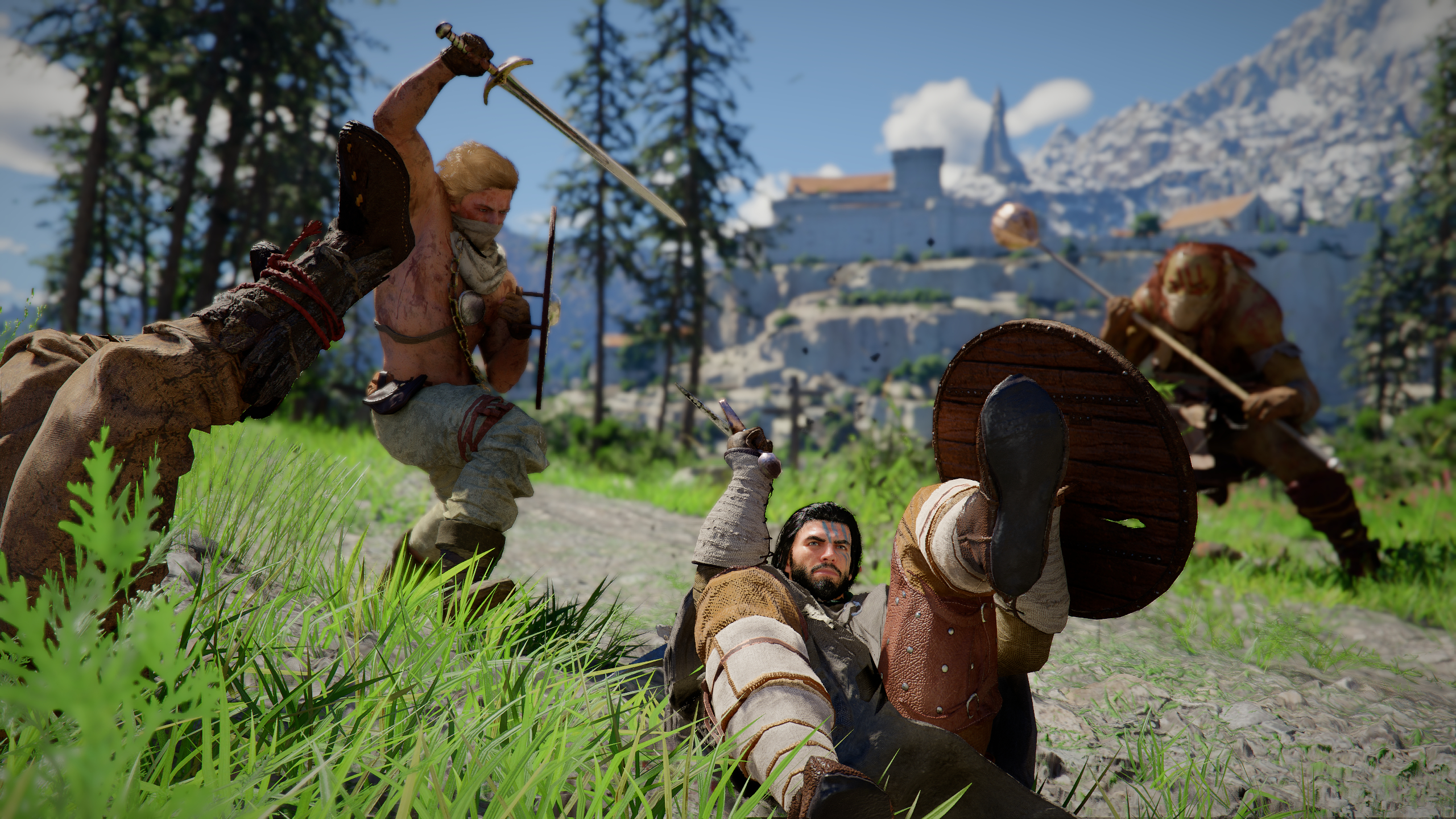 Crimson Desert skills: Kliff dodging a bandit who's attacking him in a grassy environment.