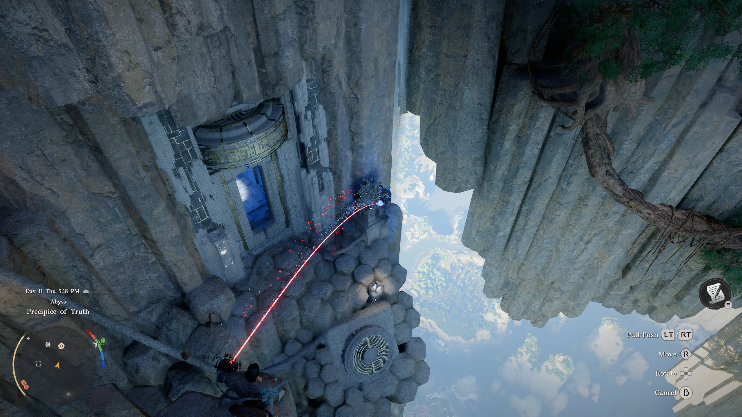 Crimson Desert Precipice of Truth: Kliff using Axiom Force to move a rock next to a cube.