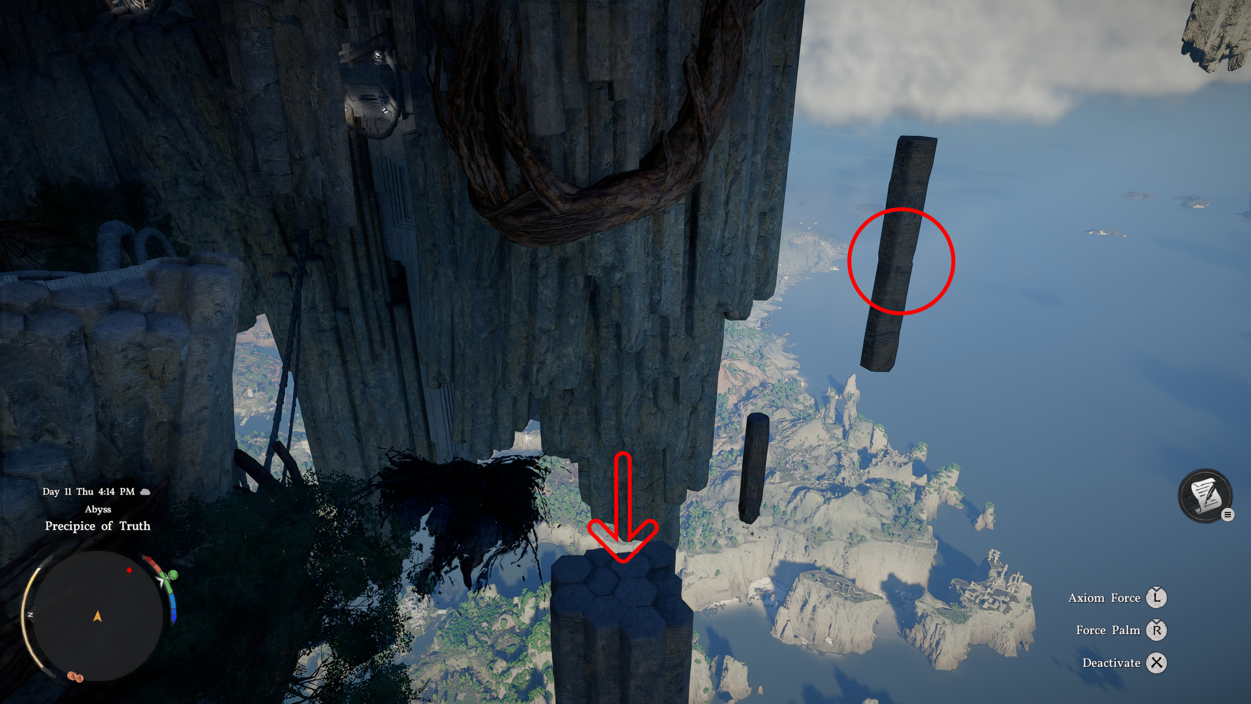 Crimson Desert Precipice of Truth: Kliff gliding over floating rock pillars, with an arrow pointing to where you should land and a circular showing the location of the laser turret.