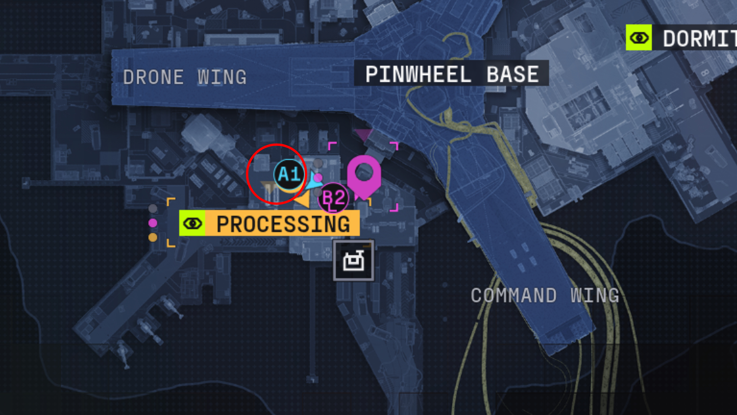 Marathon Protect/Destroy 4: A map of Outpost with a red circle showing the location of the terminal in Processing.