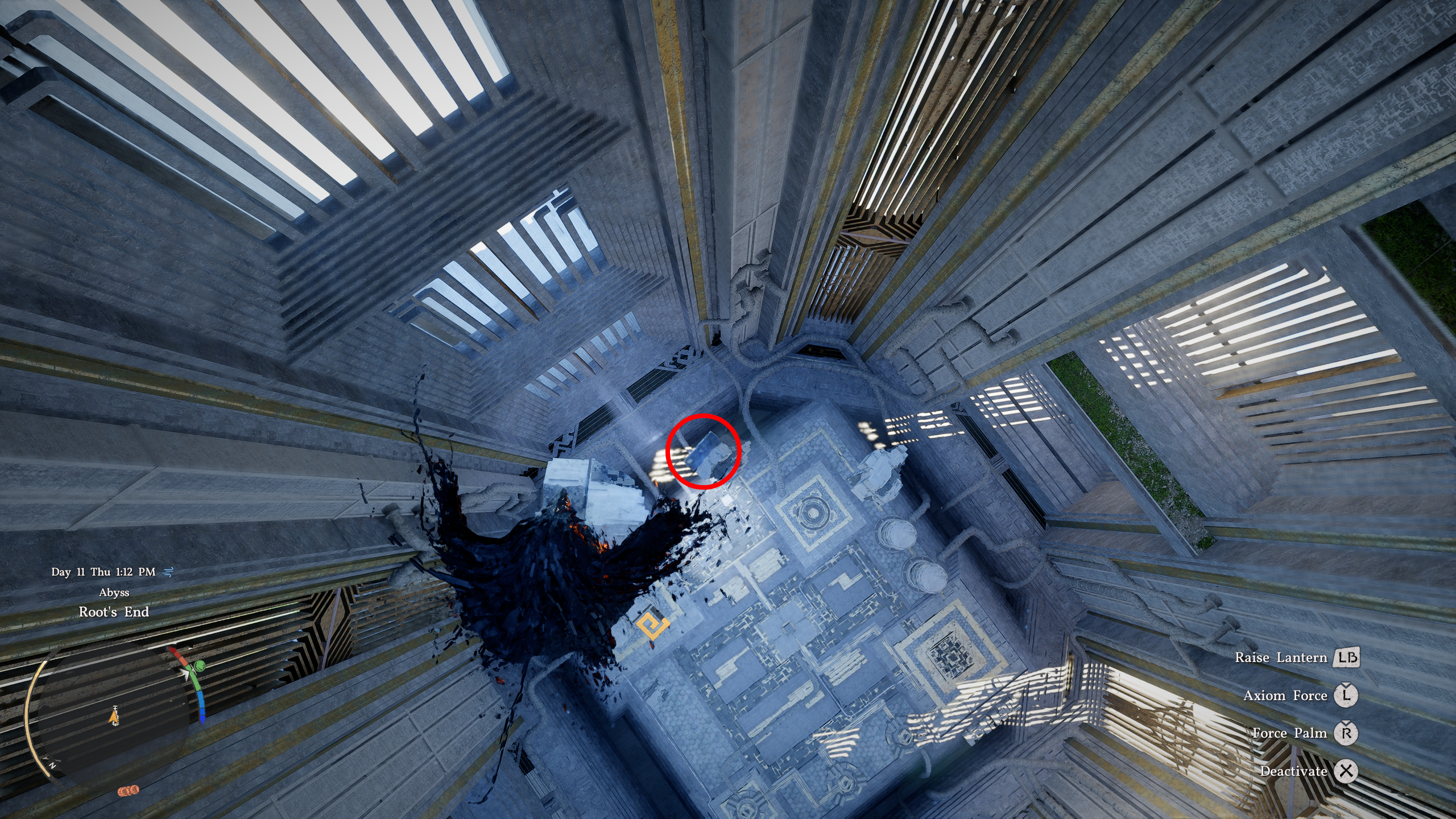 Crimson Desert Root's End: Kliff slow-falling towards a floating rock in a chute, with a red circle showing the location of a blue crystal.