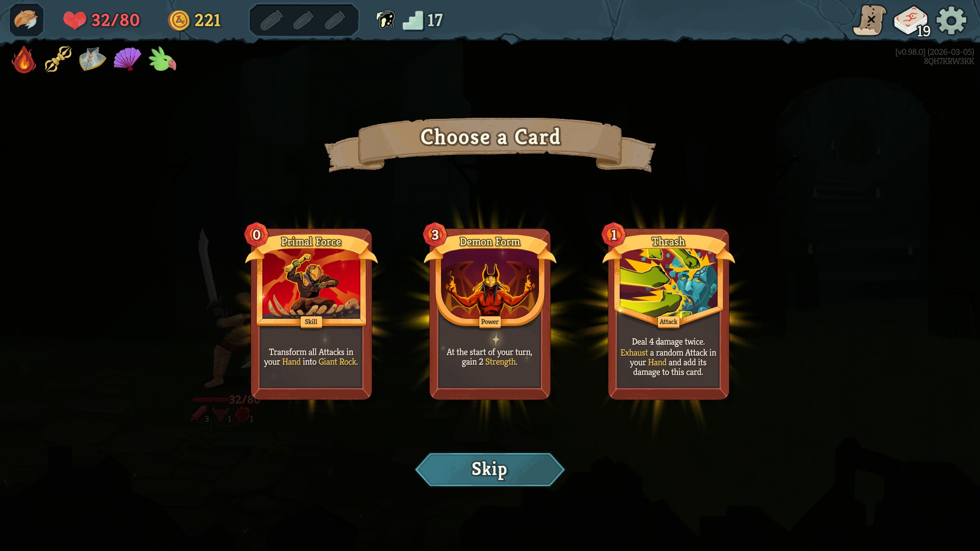 Choosing one of three Ironclad cards in Slay the Spire 2.