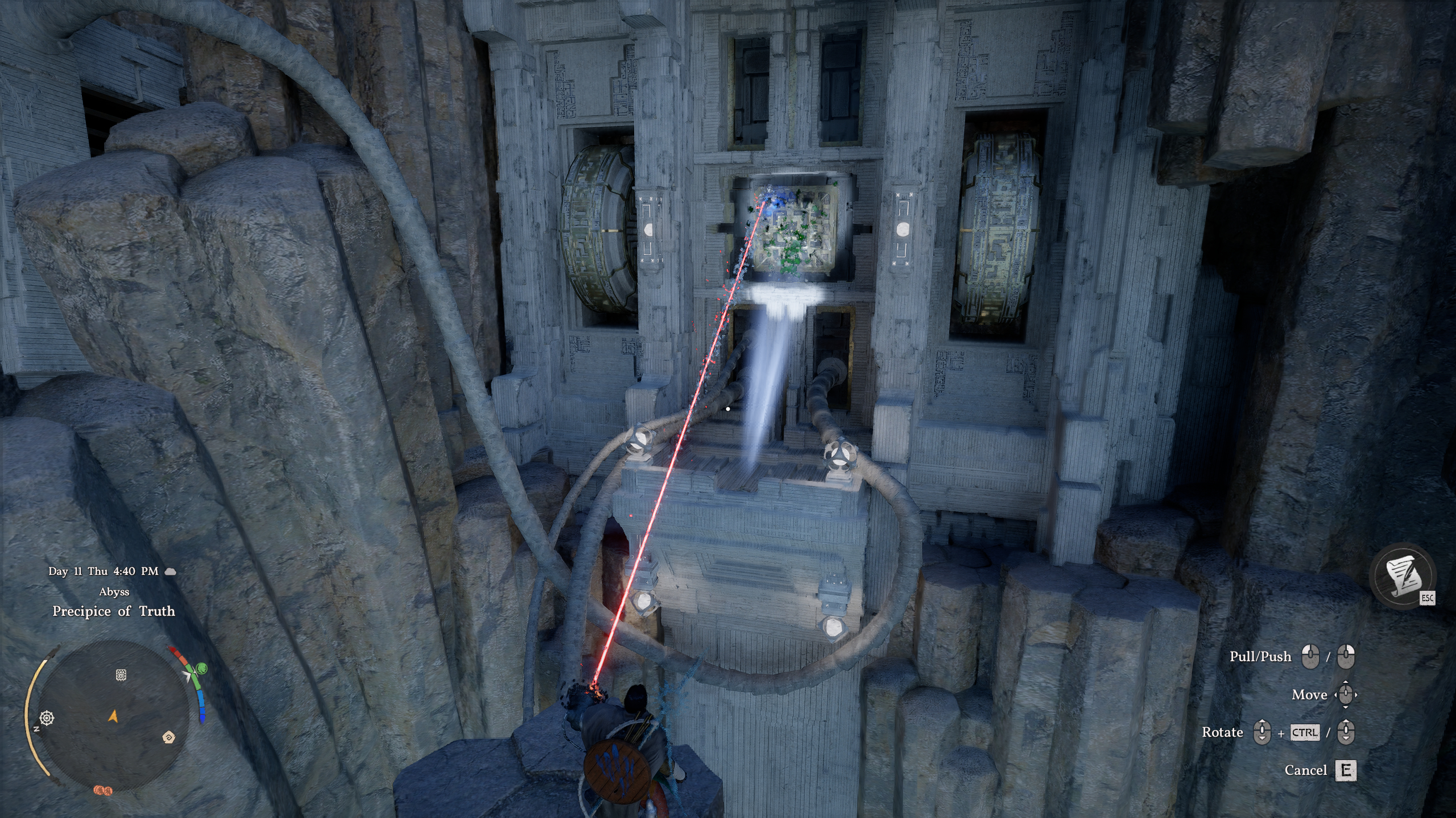 Crimson Desert Precipice of Truth: Kliff using Axiom Force to move a power core into a socket.