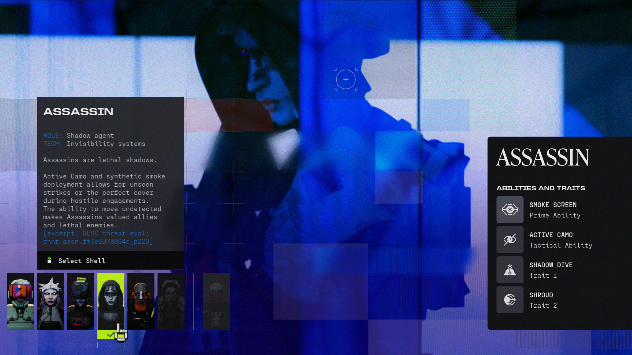 Best Marathon characters: The Assassin Runner Shell in the main menu, showing the character and their class abilities.