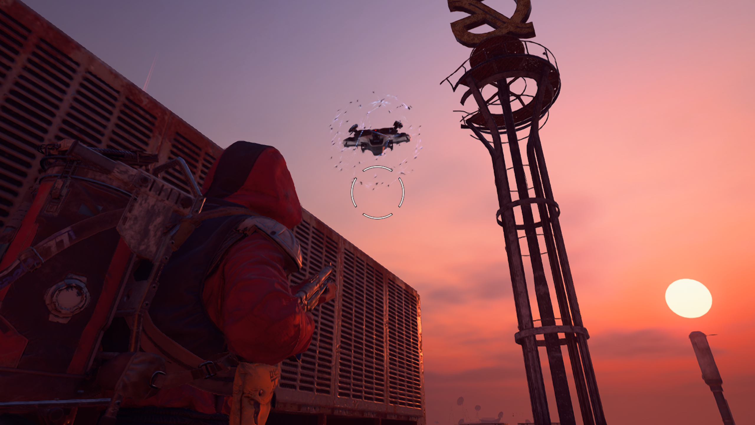 Arc Raiders Vaporizer Regulators: A Vaporizer flying in the sky above a player with it's shield active.