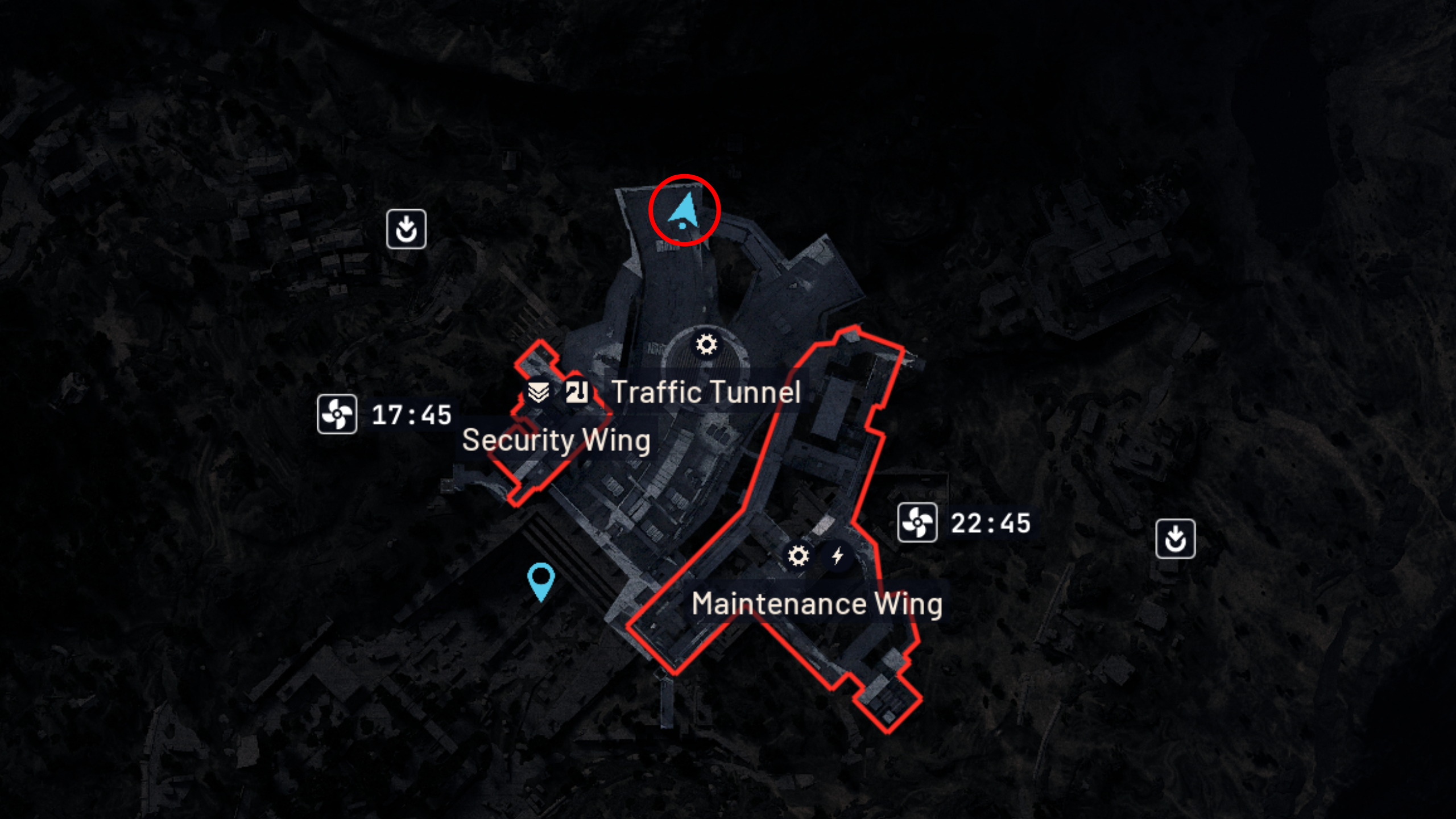 Arc Raiders Outstanding Balance: A map with a red circle highlighting the location of Dodger's stash in Traffic Tunnel.