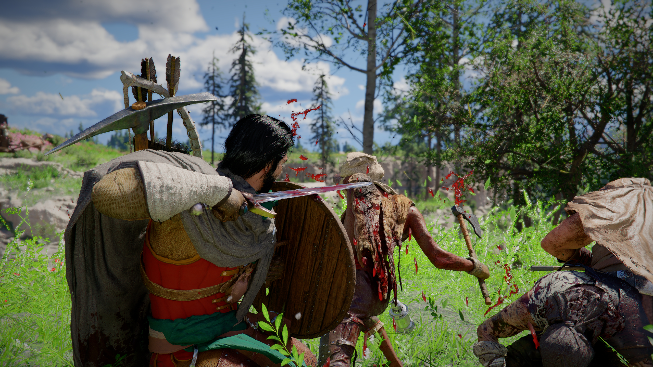 Crimson Desert best skills: Kliff preparing to stab an enemy bandit, holding his sword above his shield.