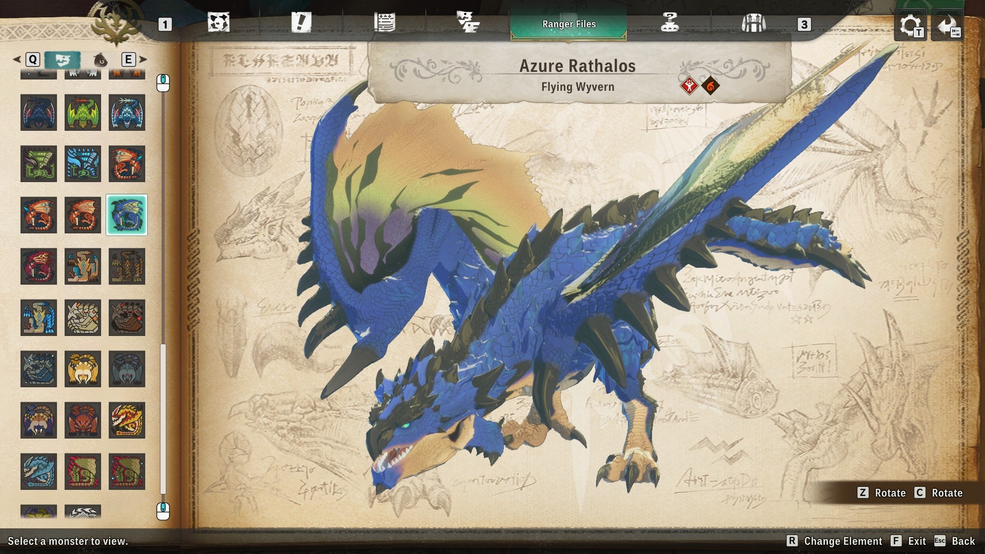 Monster Hunter Stories 3 Azure Rathalos mutation - The Rathalos dragon model with black spikes and mostly blue skin