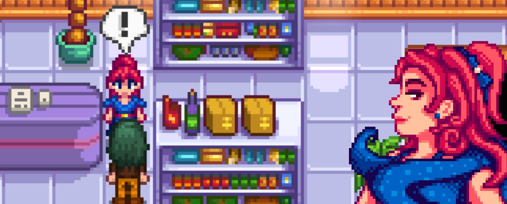 Stardew Valley - Sandy with an exclamation mark over her head to show she's surprised to see you in the shop