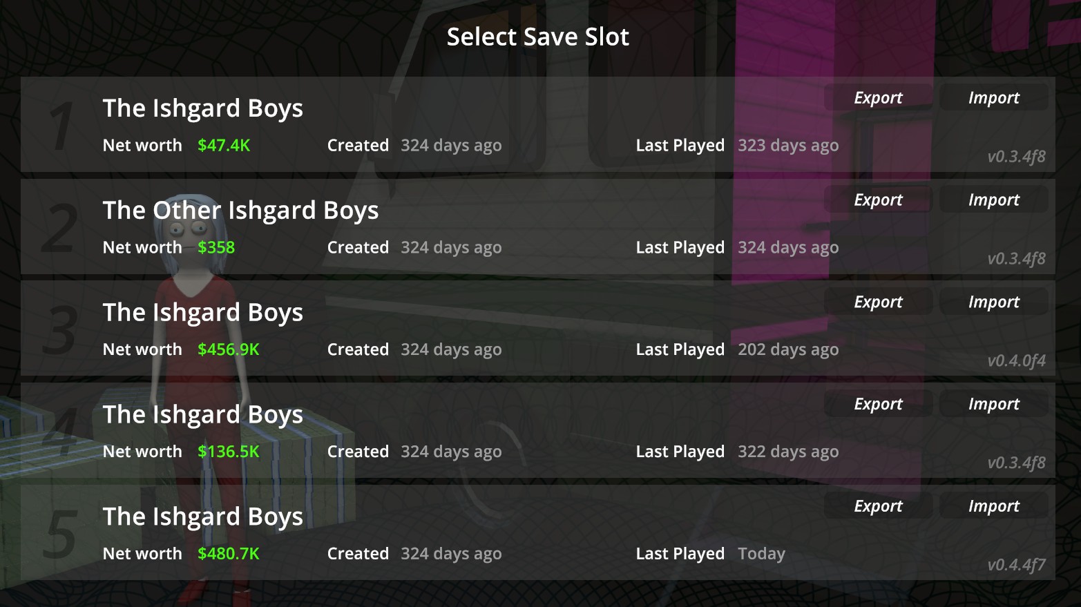 Schedule 1 save menu showing various save files for exporting or importing