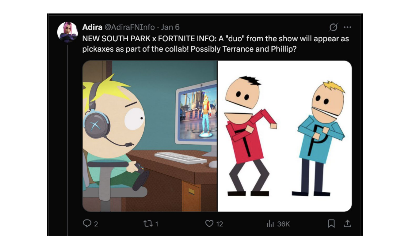 AdiraFN leaks Fortnite - South Park crossover on X