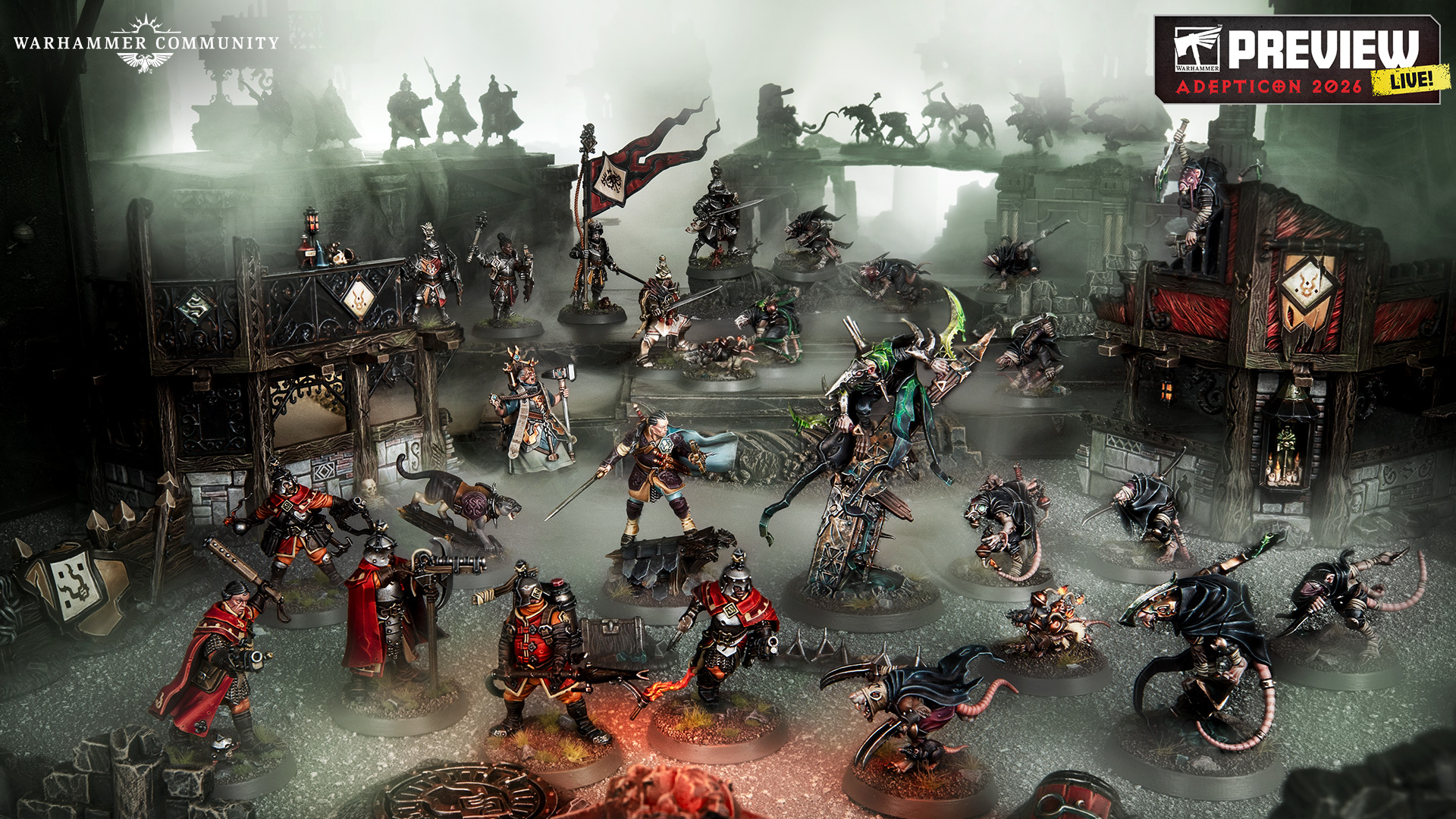 Cities of Sigmar soldiers and Clan Eshin skaven clashing in the ruins of a city in Warhammer Age of Sigmar.