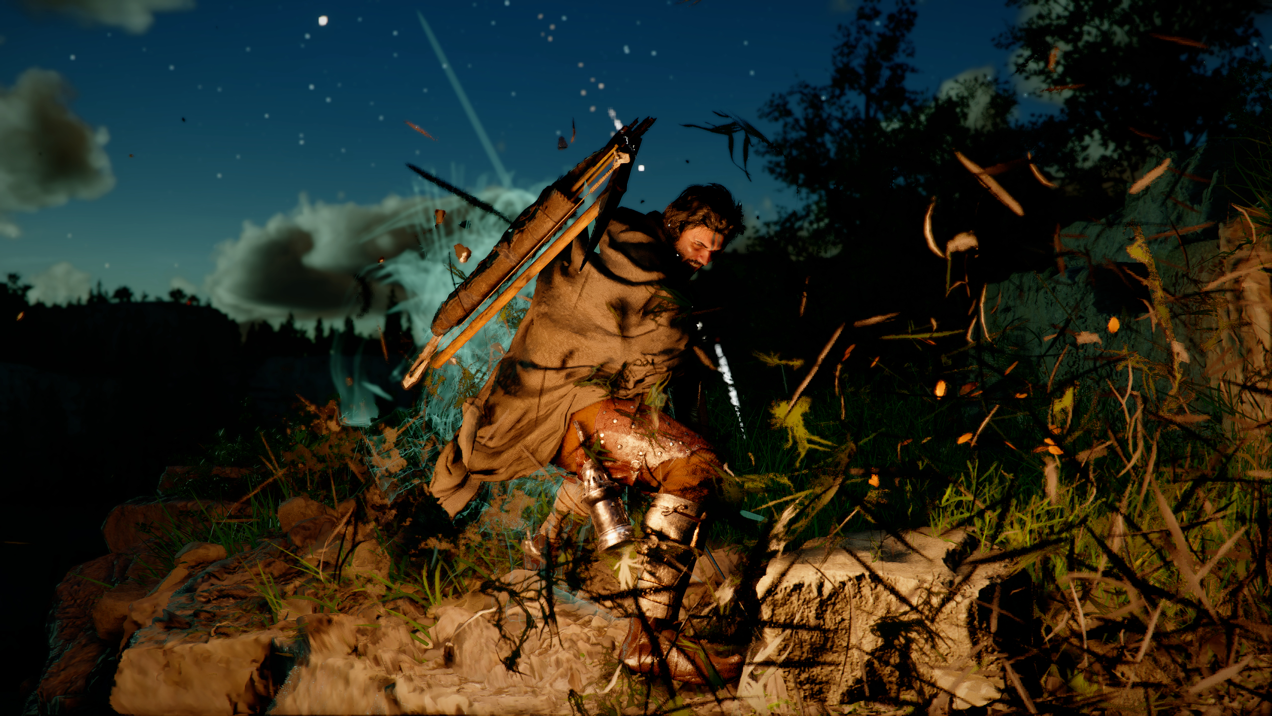 Crimson Desert skills: Kliff doing a slice attack with various copies of the attack in the background in a dark, grassy environment.