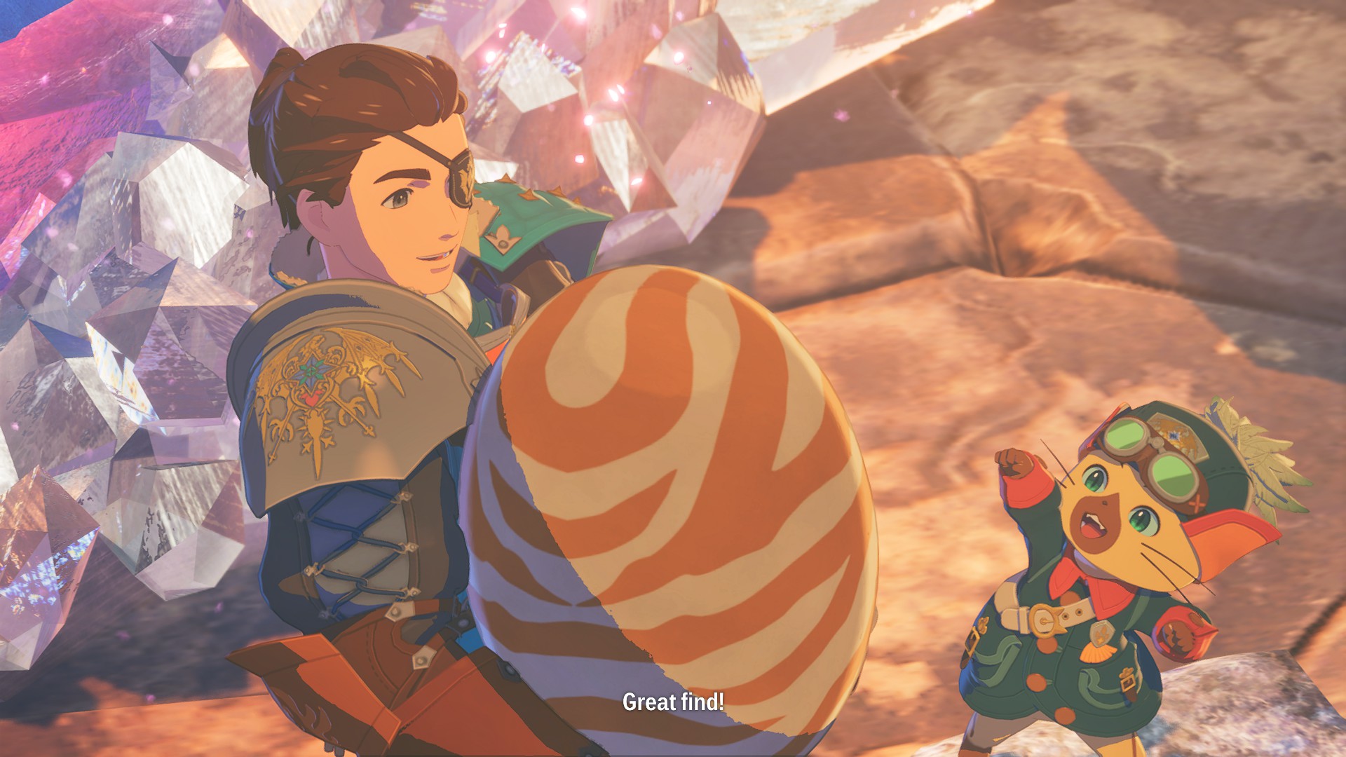 A player character holds a large monster egg while their Palico companion celebrates in Monster Hunter Stories 3.