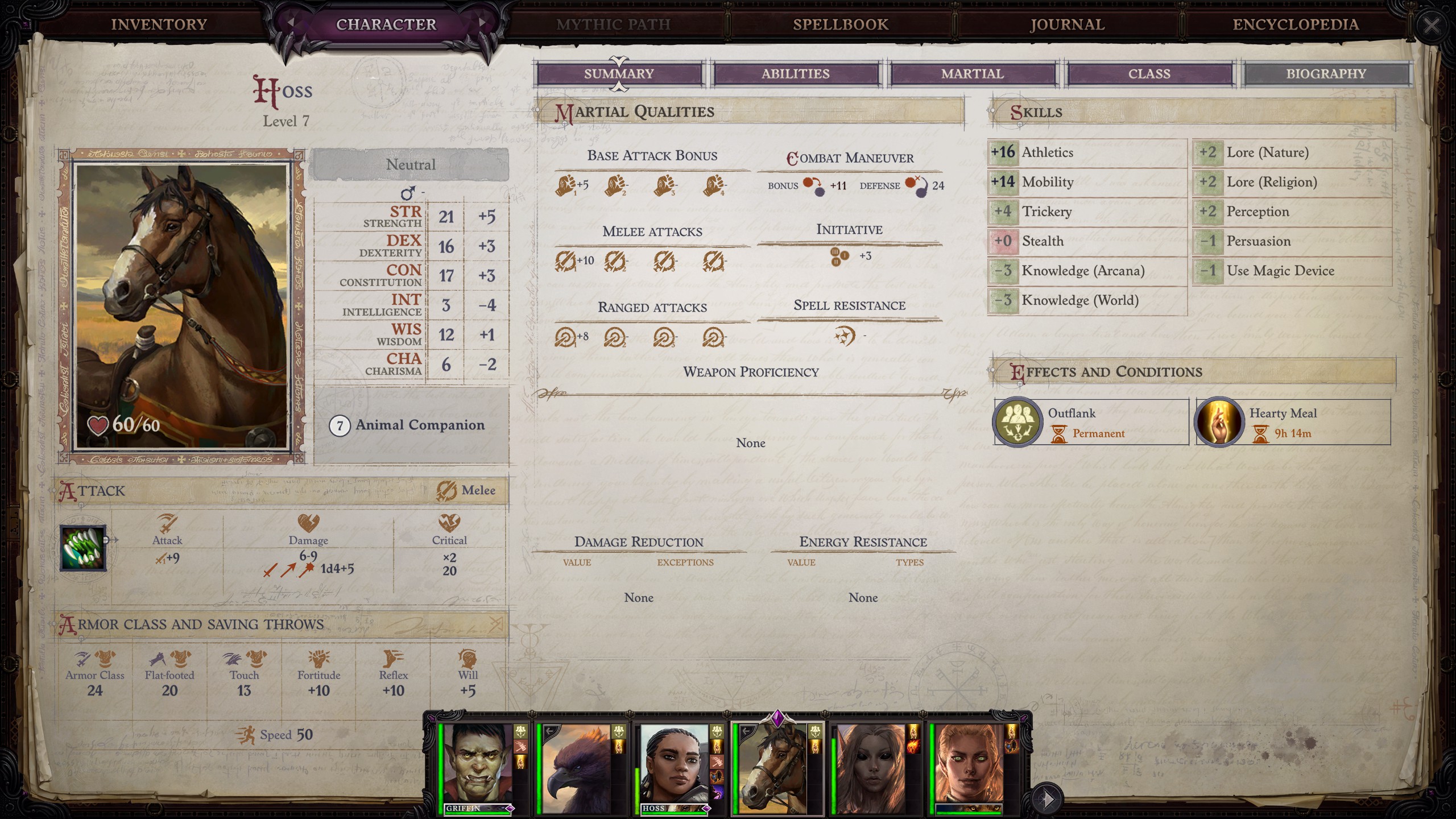 Wrath of the Righteous character sheet for a horse named Hoss