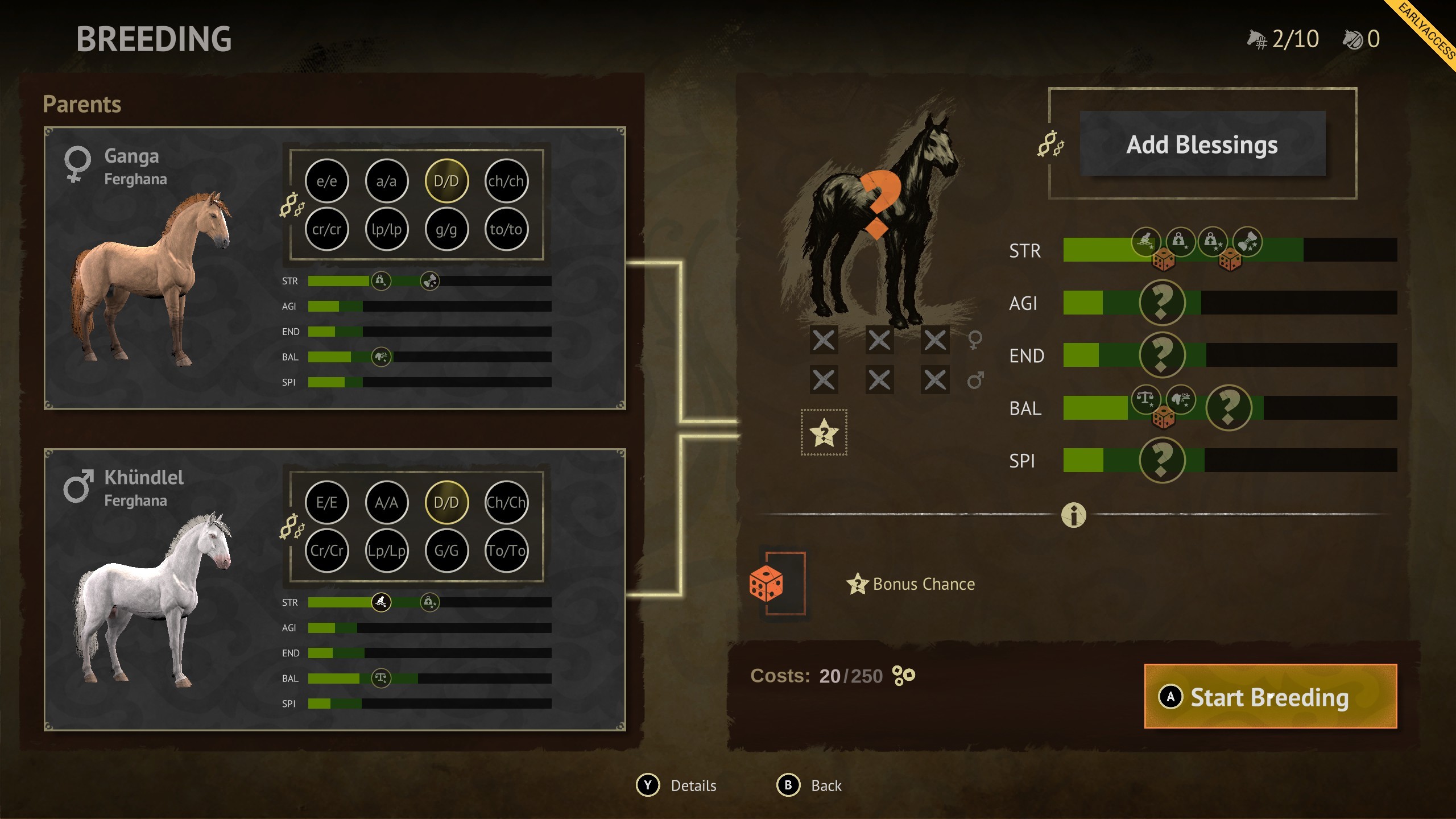 The Legend of Khiimori breeding menu showing a foal's inherited stats
