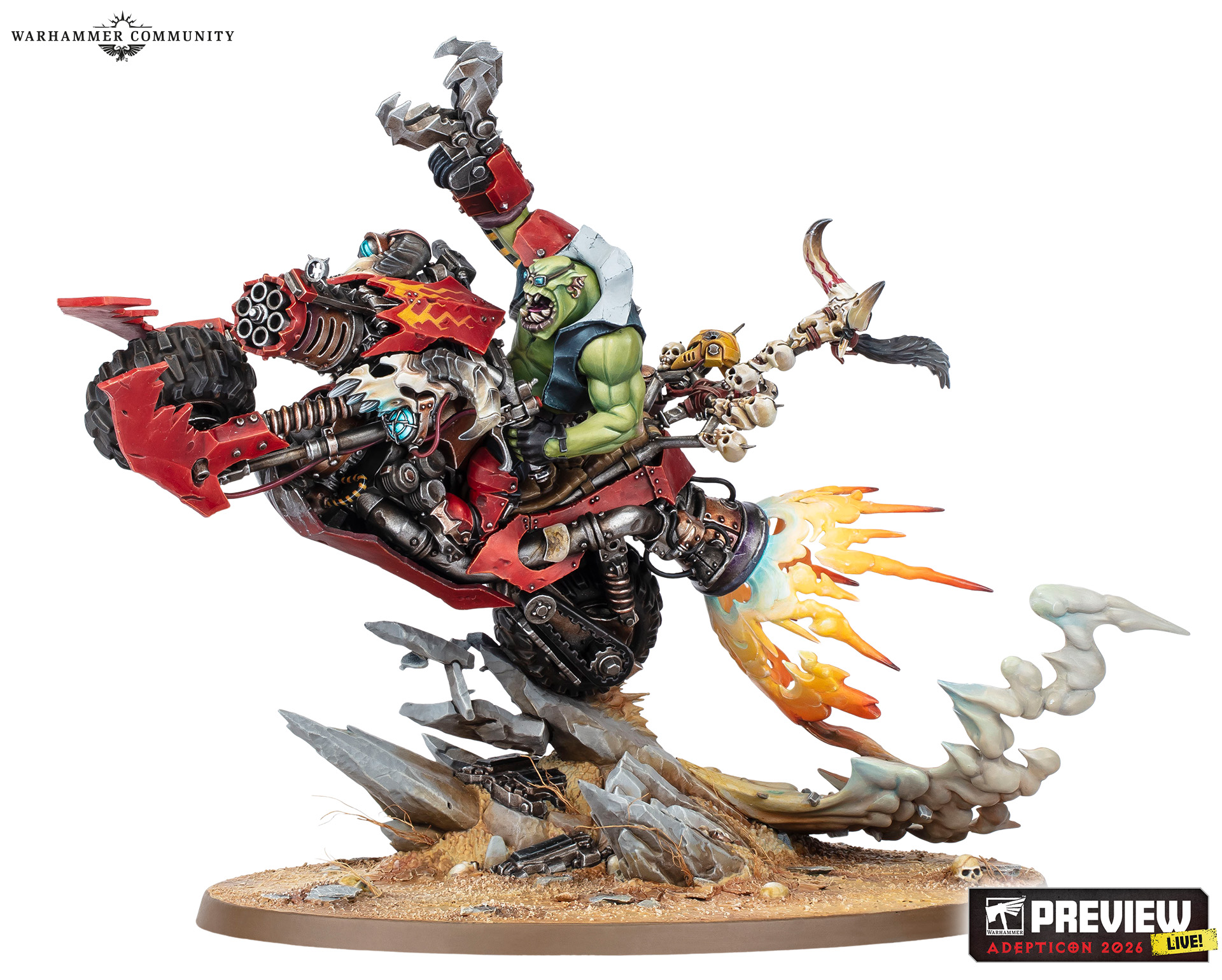 An Ork warlord on a huge motorbike in Warhammer 40,000.