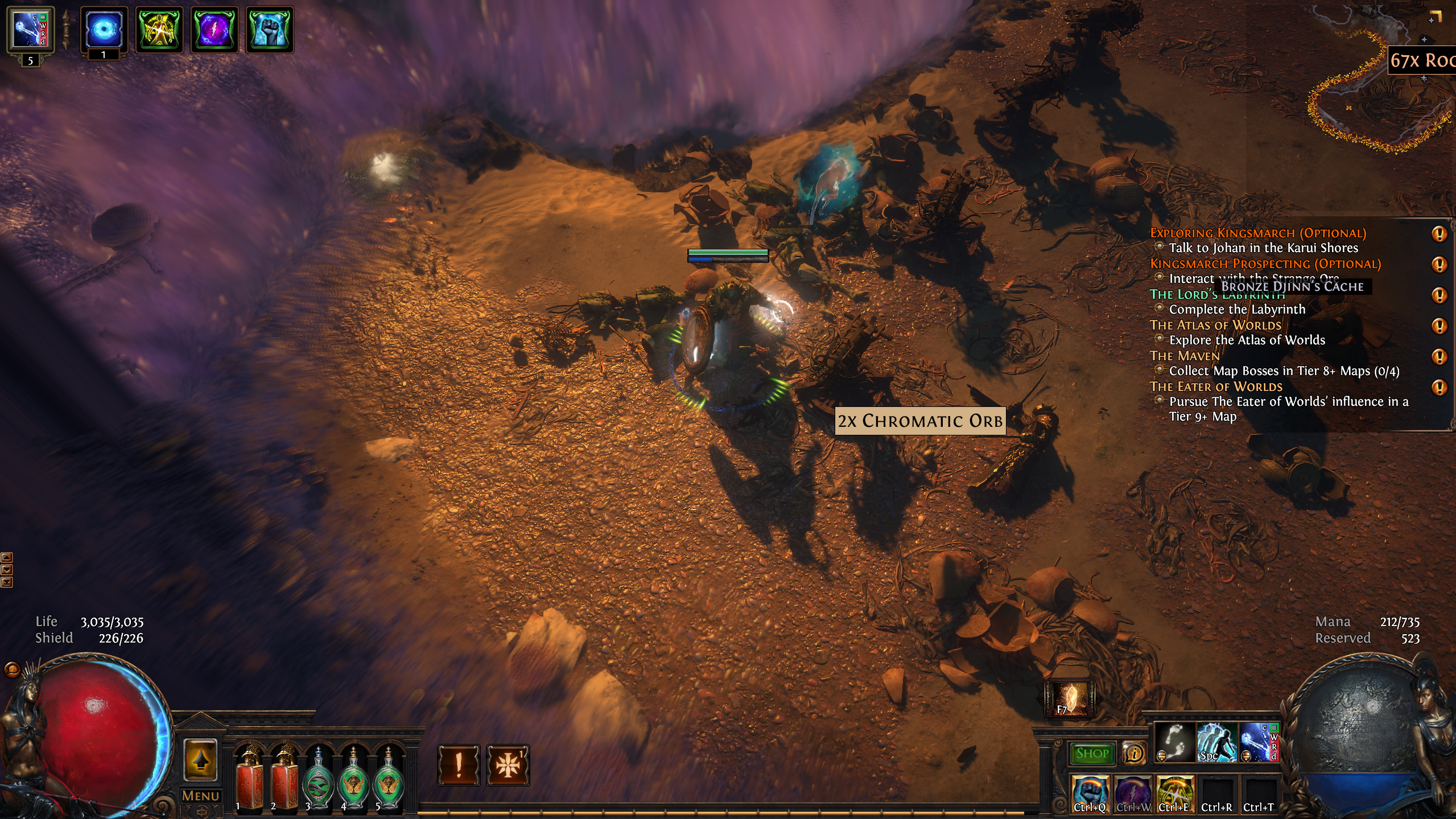 A screenshot of Path of Exile's Mirage league. A character is standing inside of a map surrounded by purple walls.