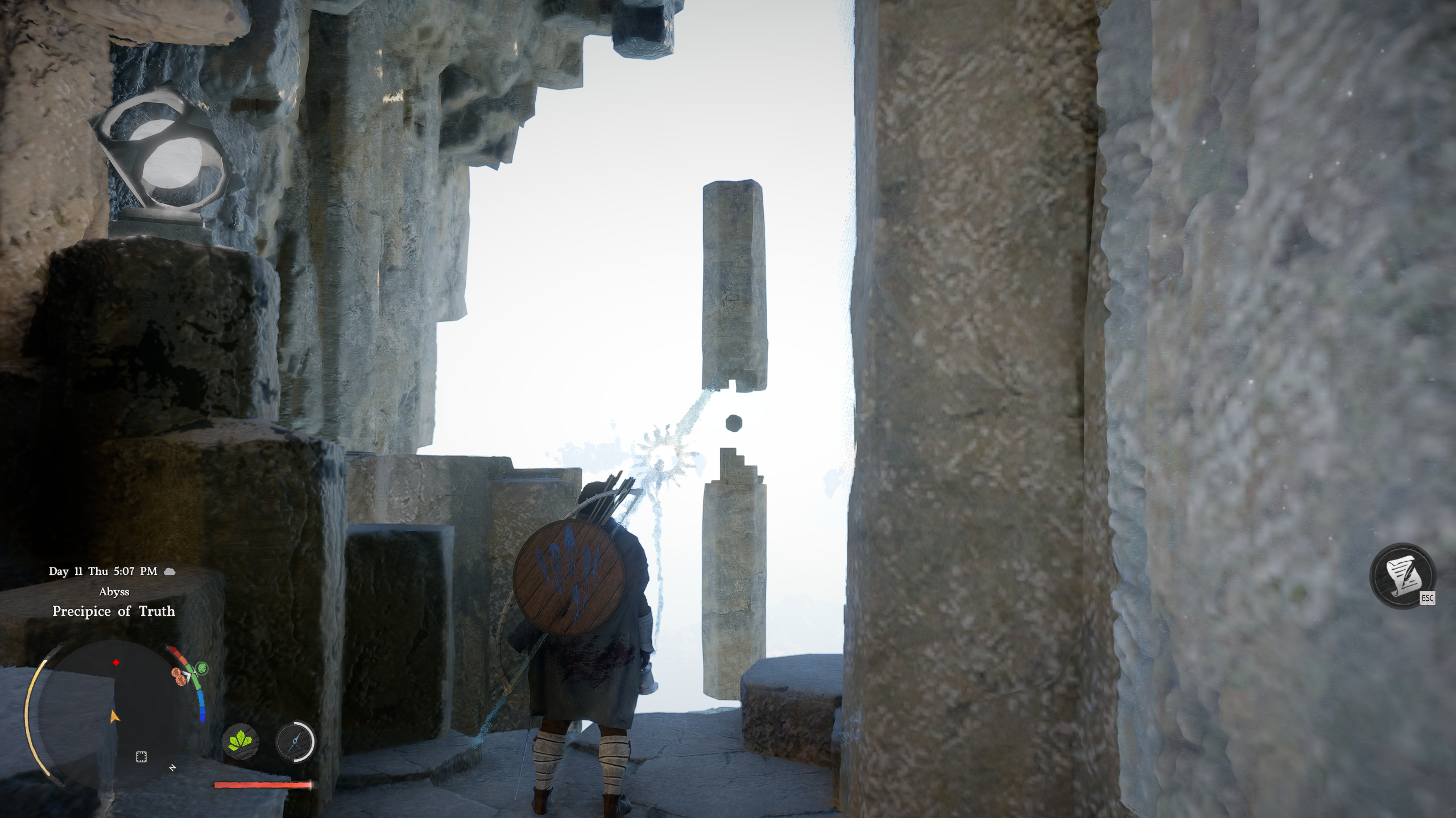 Crimson Desert Precipice of Truth: Kliff looking at a laser turret in the distance.