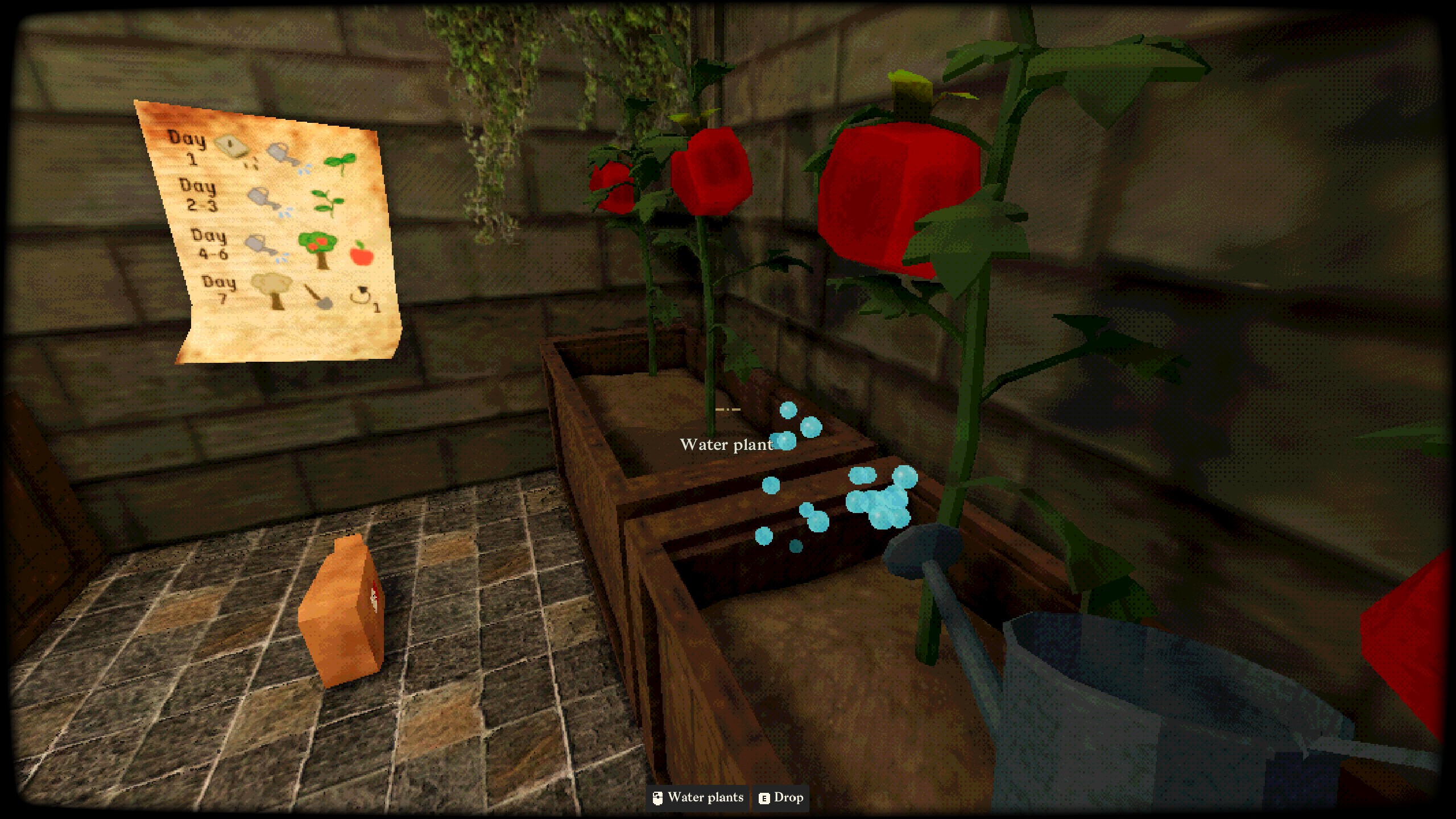 A watering can watering tomato plants in a dungeon cell