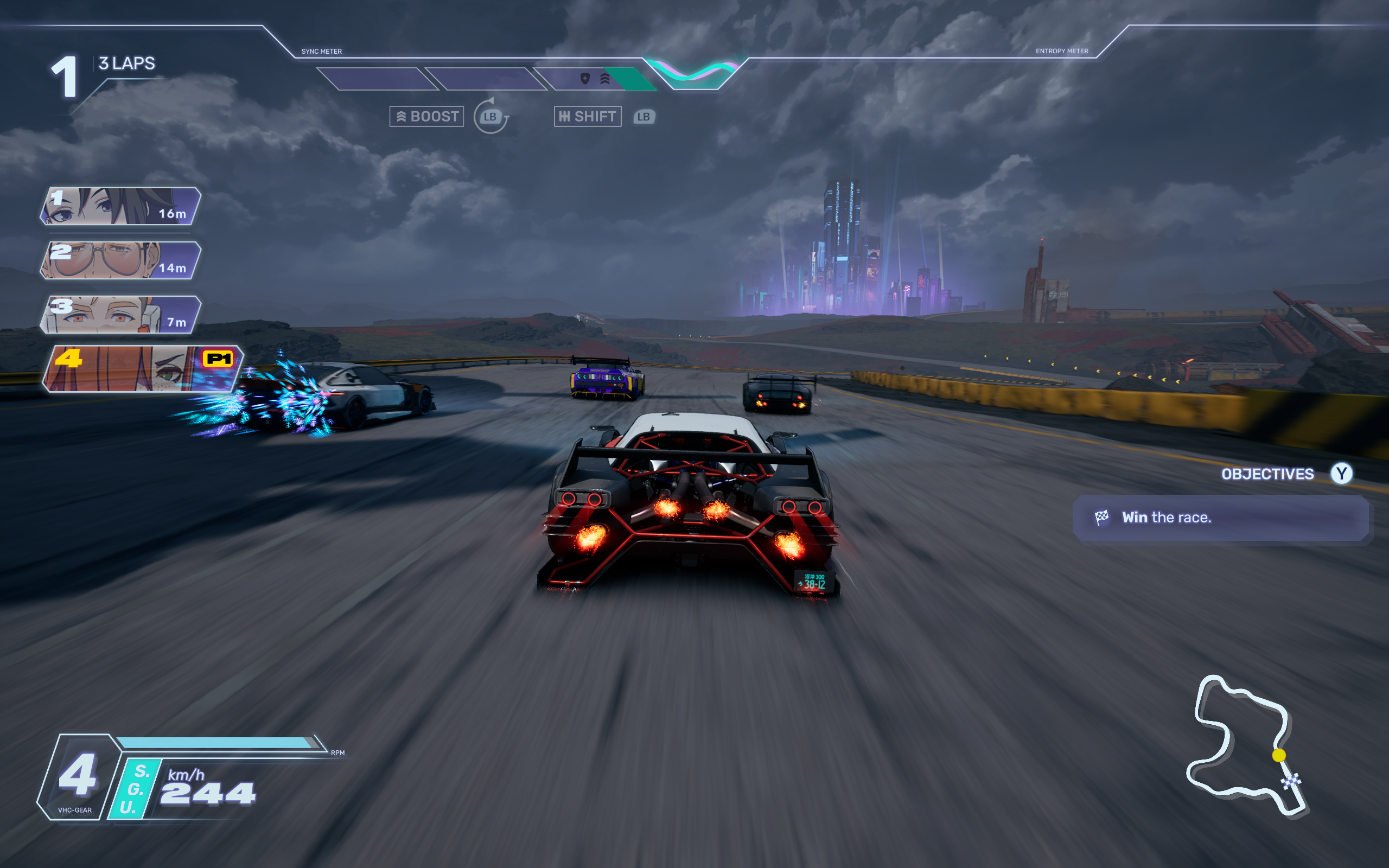 screamer mid-race screenshot with city visible in background