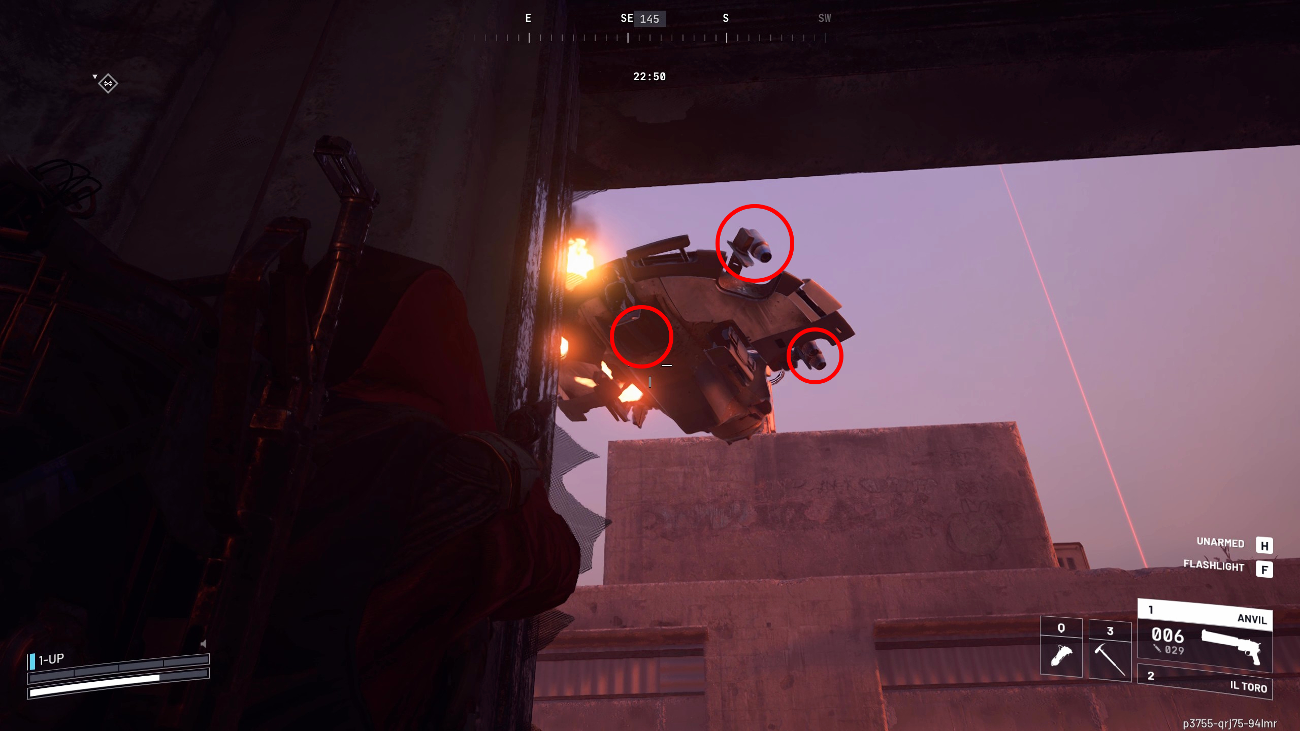 Arc Raiders Vaporizer Regulators: A player looking at a Vaporizor above them, with three red circles highlighting weaknesses.