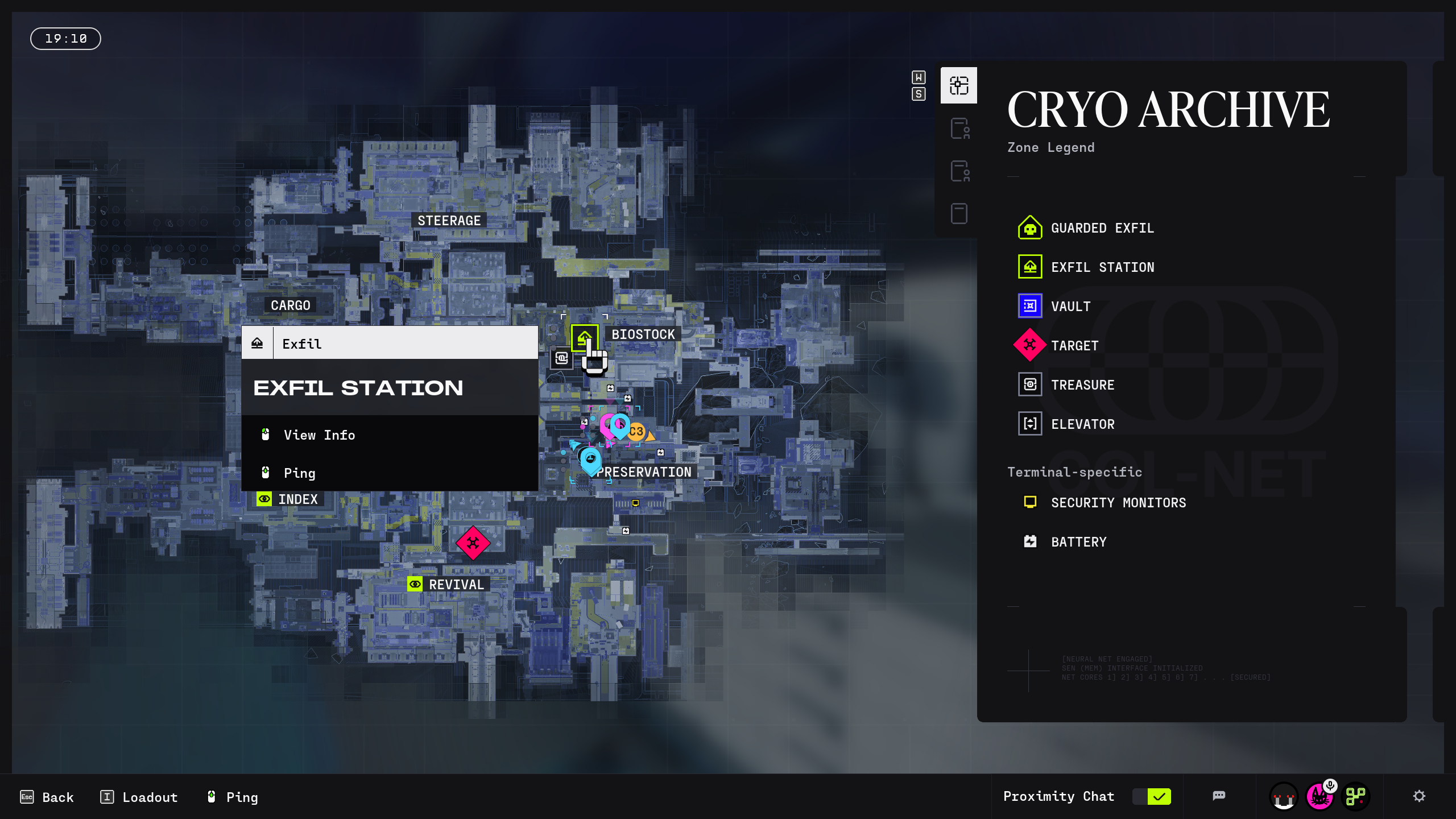 Marathon Cryo Archive extract: The player looking at an Exfill Station marked on the map.