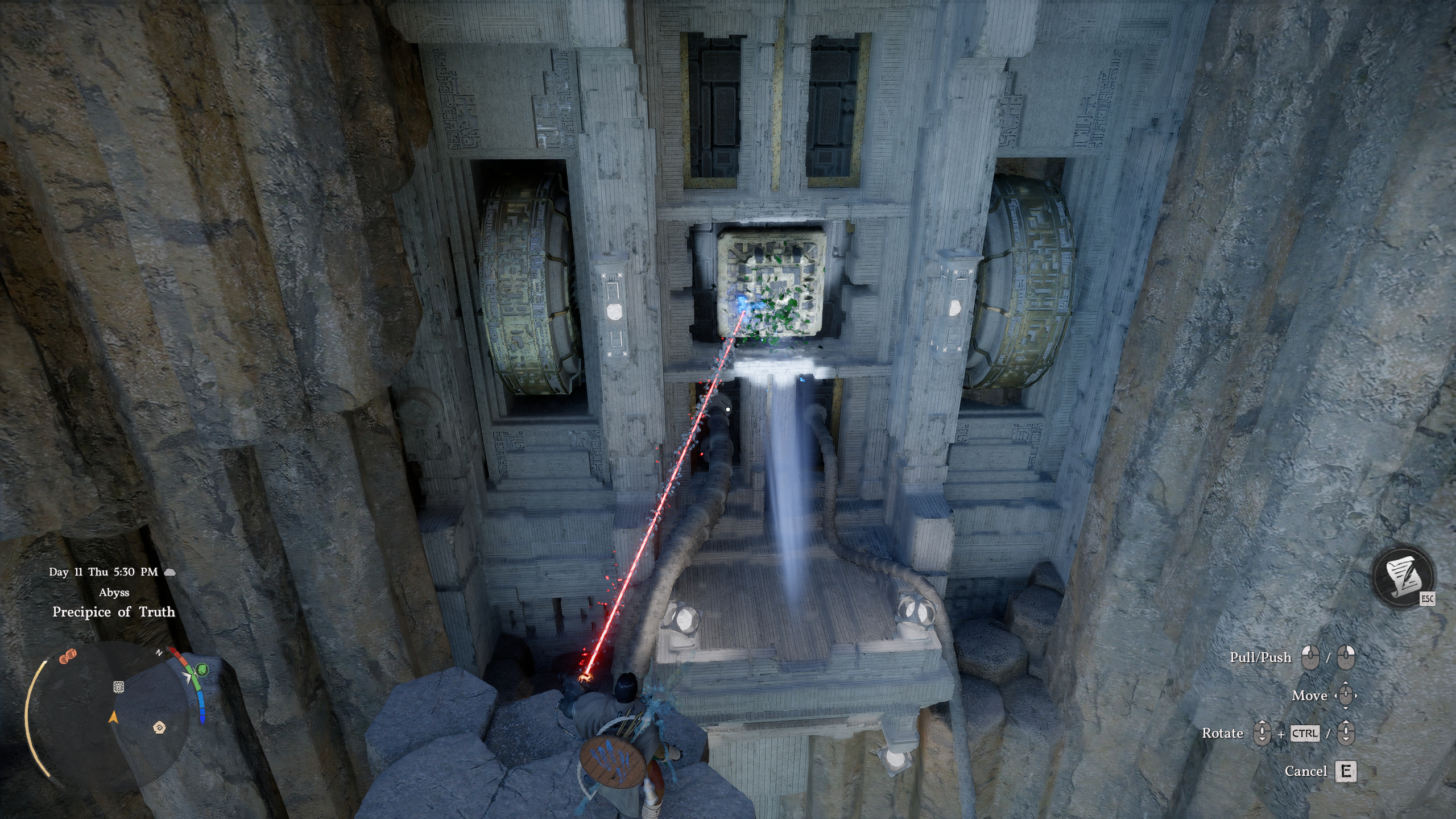 Crimson Desert Precipice of Truth: Kliff using Axiom Force to slot a power core into a socket.