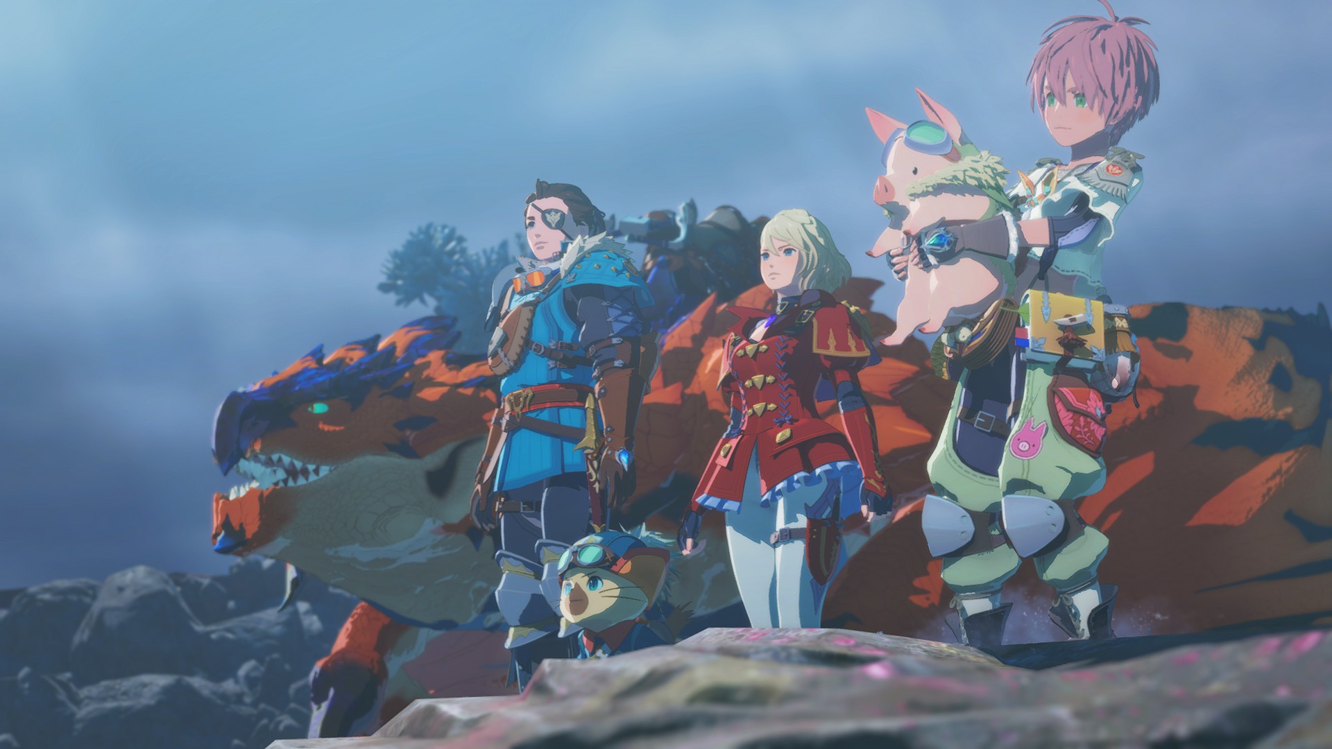The player character and two of their ranger companions look out from a cliff in Monster Hunter Stories 3.