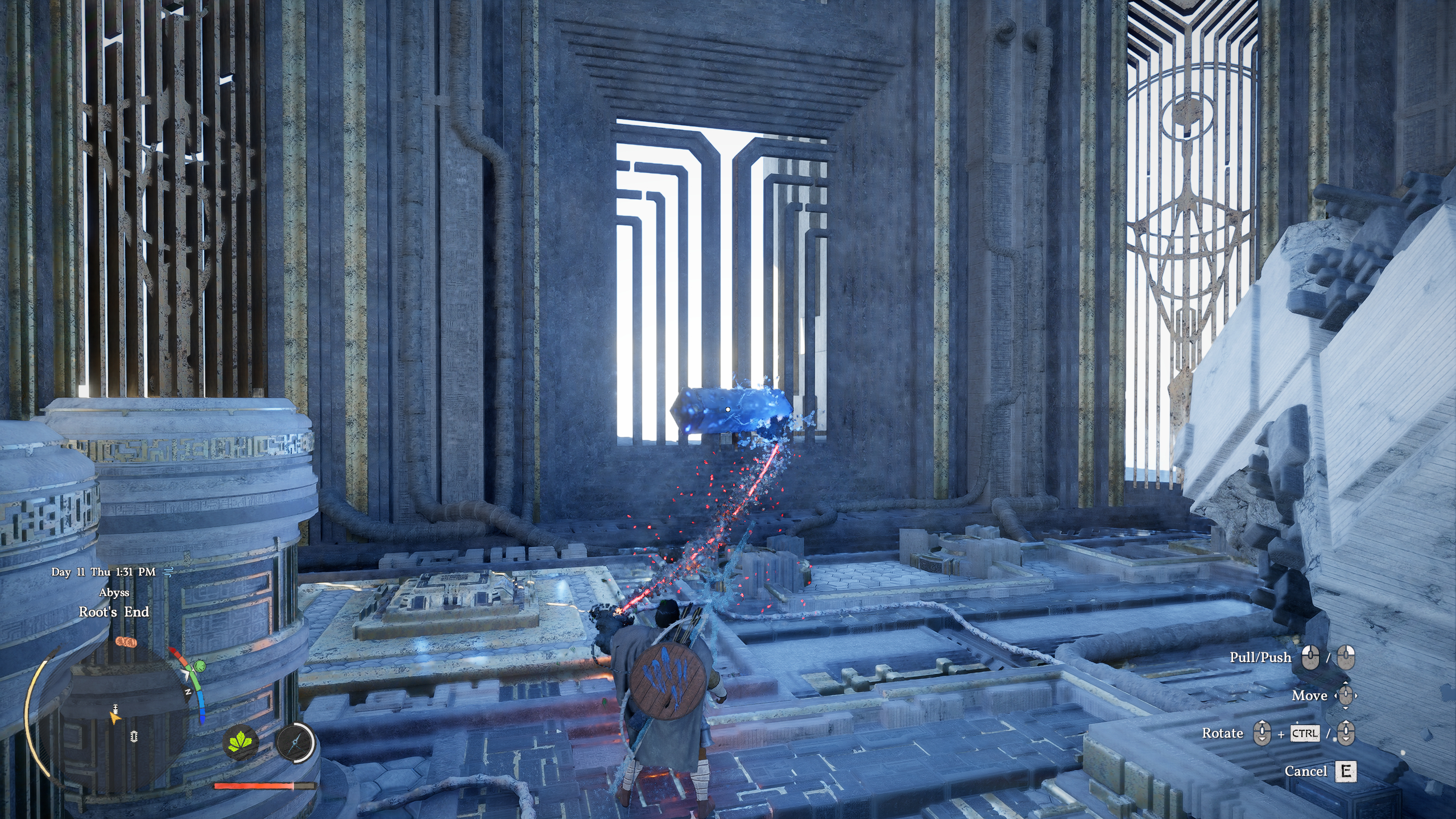 Crimson Desert Root's End: Kliff using Axiom Force to move a blue crystal.