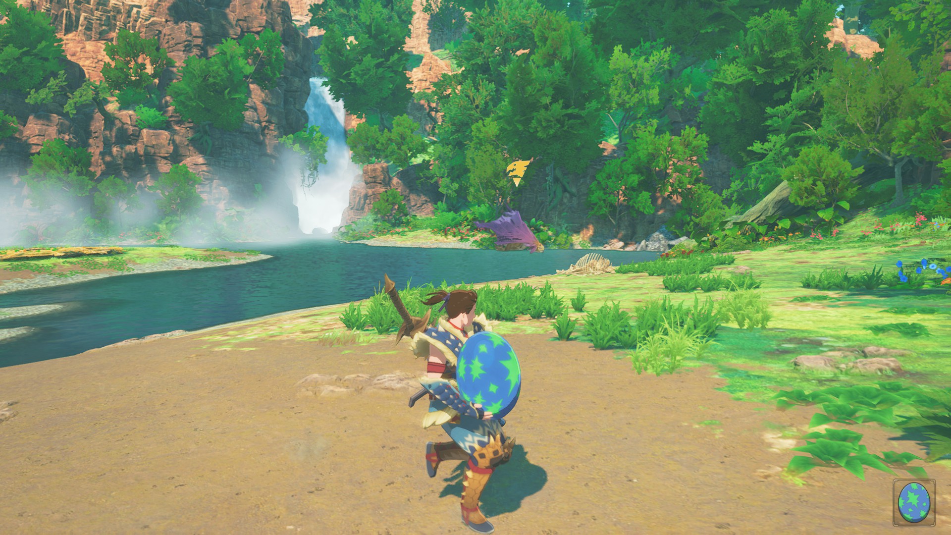 Trying to escape with an egg while a monster lurks nearby in Monster Hunter Stories 3.