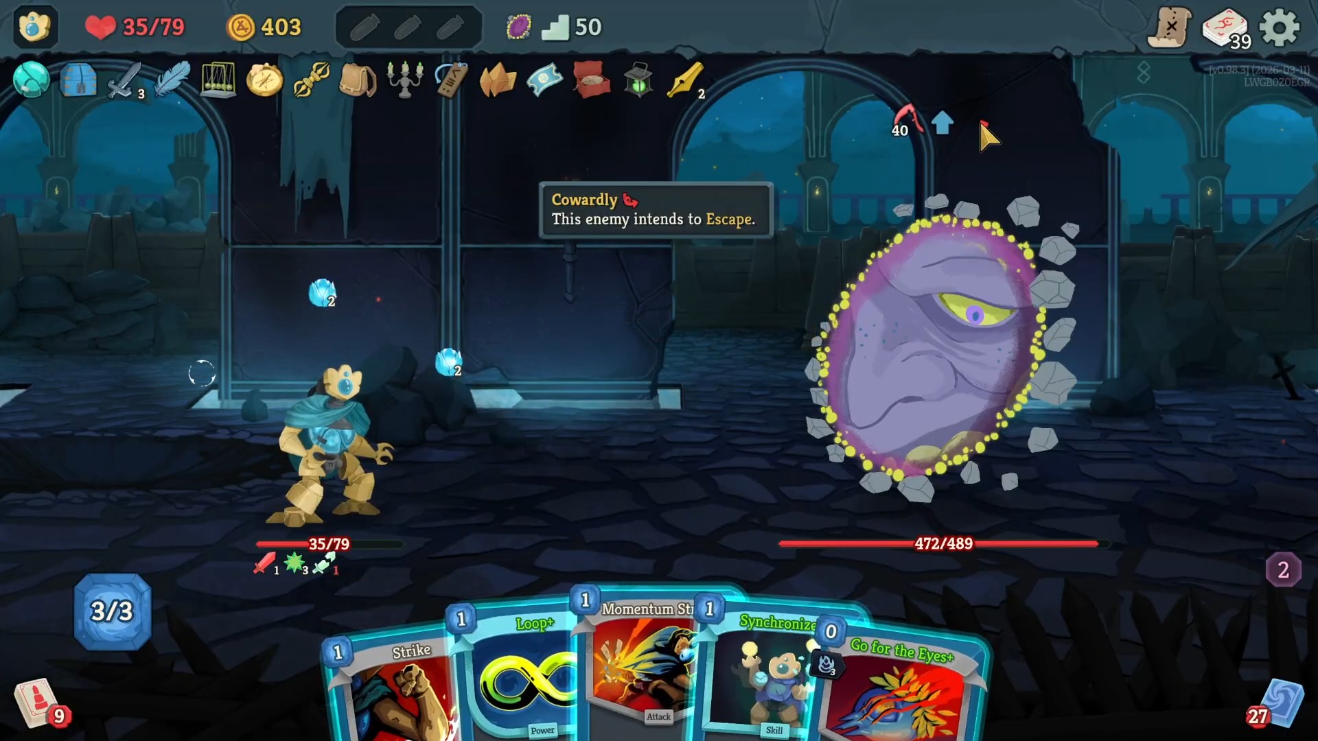 Slay the Spire 2 - The Doormaker preparing to use "Cowardly" so it can escape