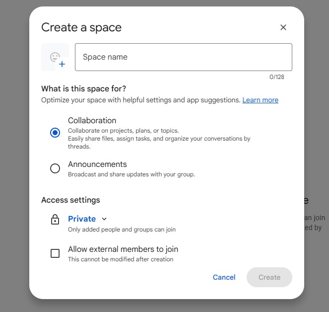 create a space window in google spaces