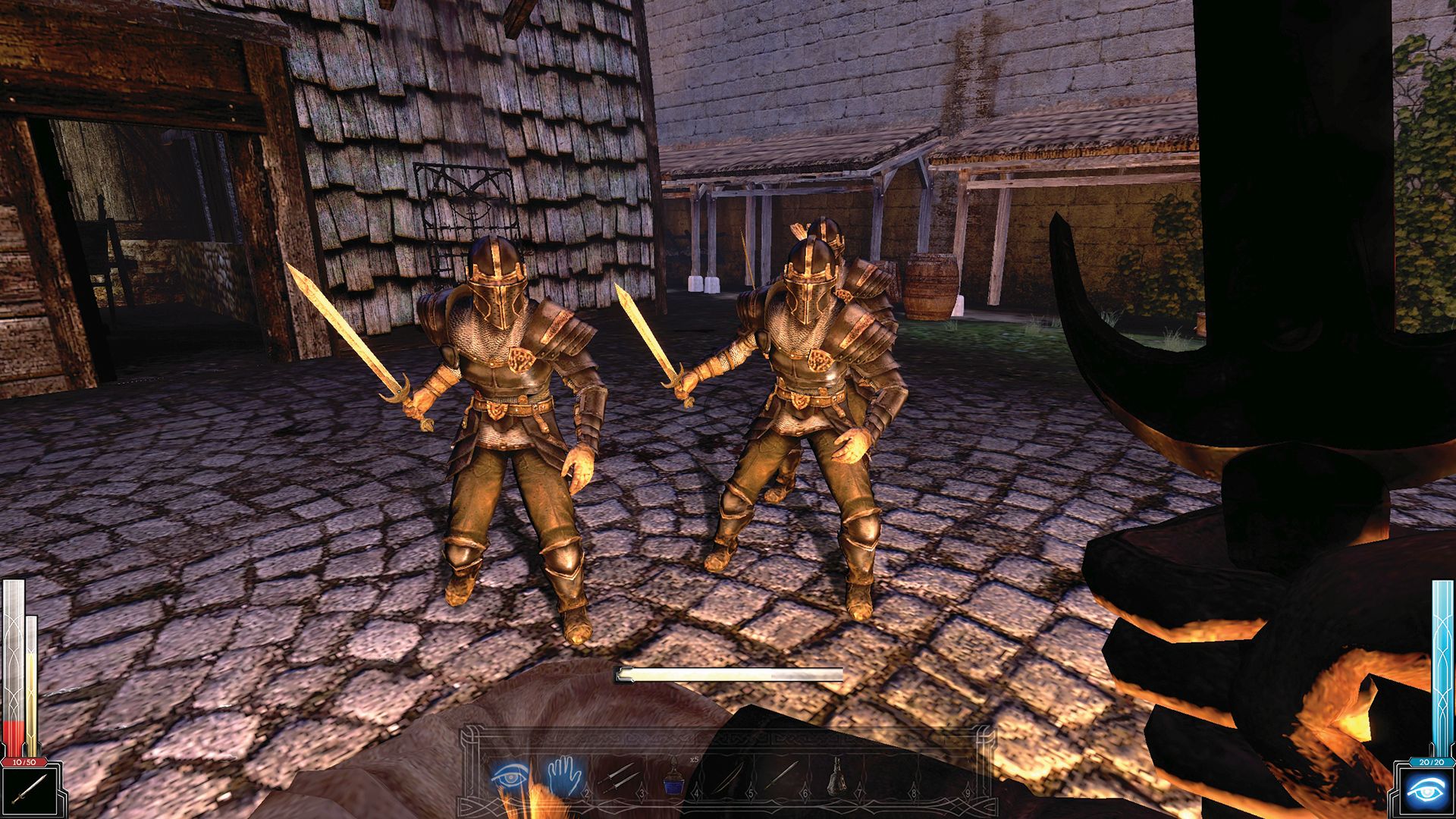 Two dark armored guards facing down player in Dark Messiah