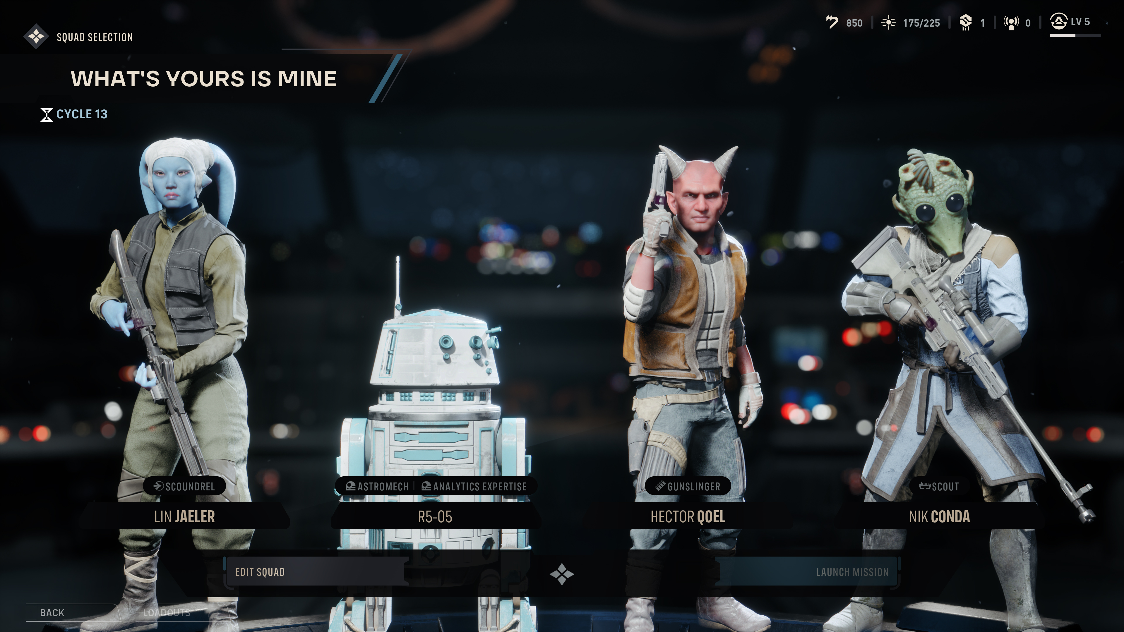 Zero Company squad selection screen showing Twi'lek, astromech, devaronian, rhodian