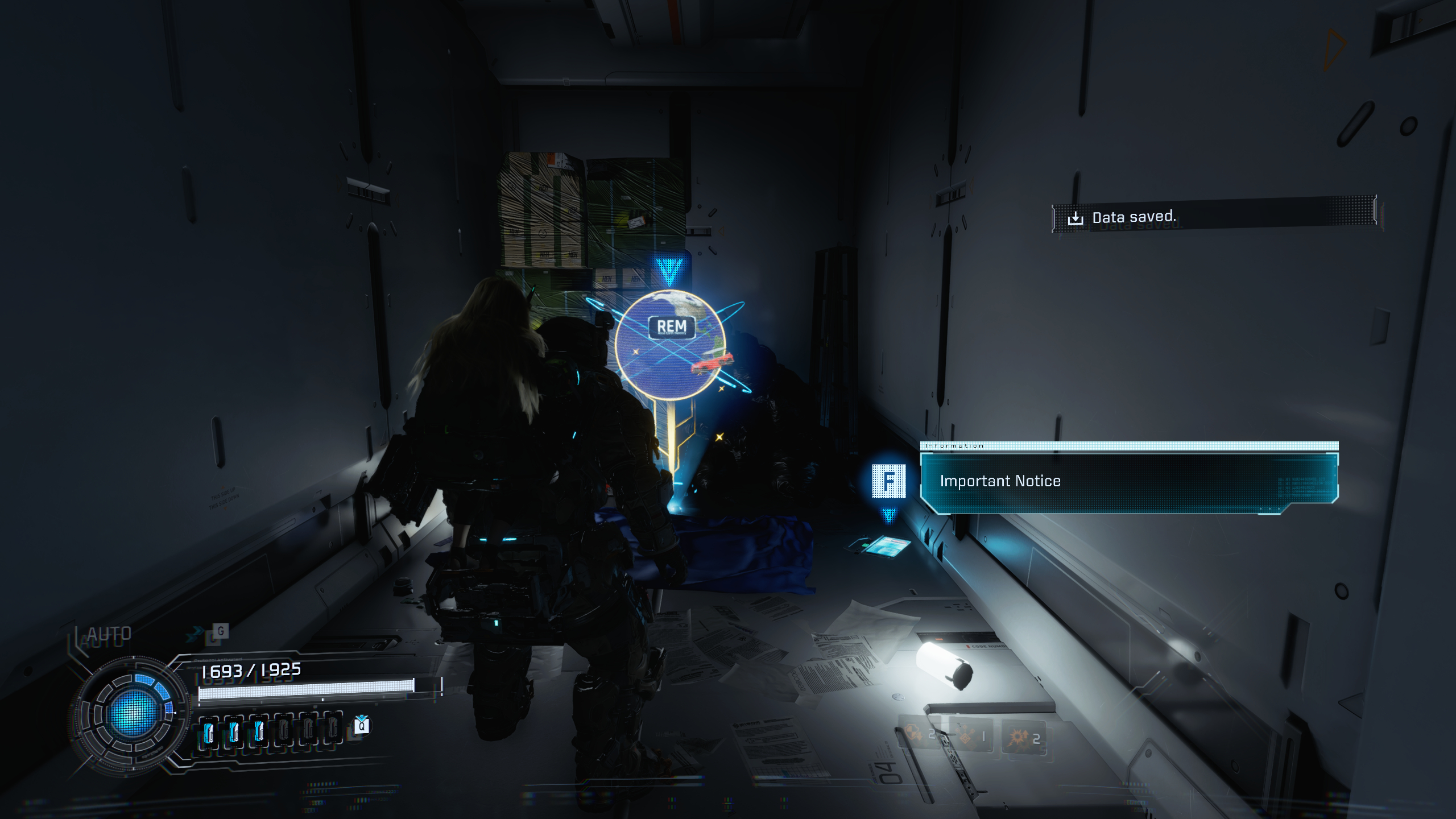 Pragmata guide: Hugh looking at a Rare Earth Memory in a dark room.