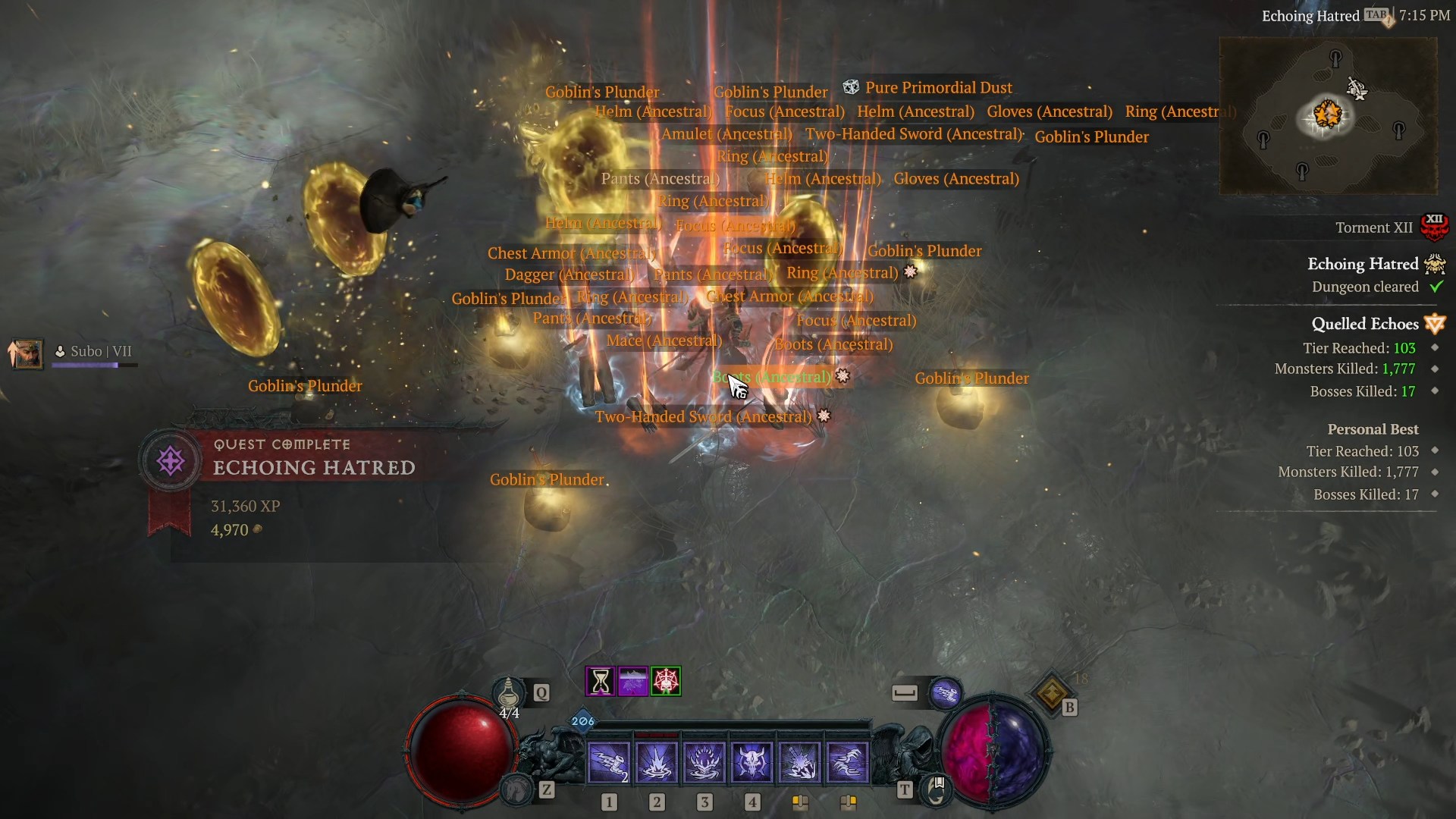A screenshot of the early access review build of Diablo 4: Lord of Hatred. Piles of bright legendary loot stacks up around the player character.