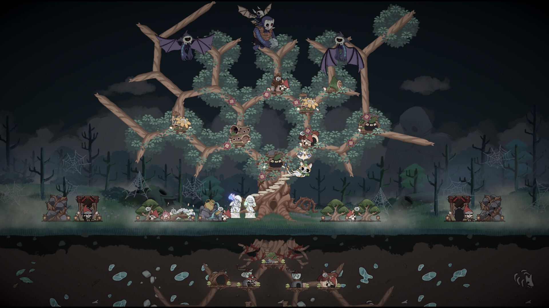 A tree at night being attacked by spirits in Little Tree Kingdom.